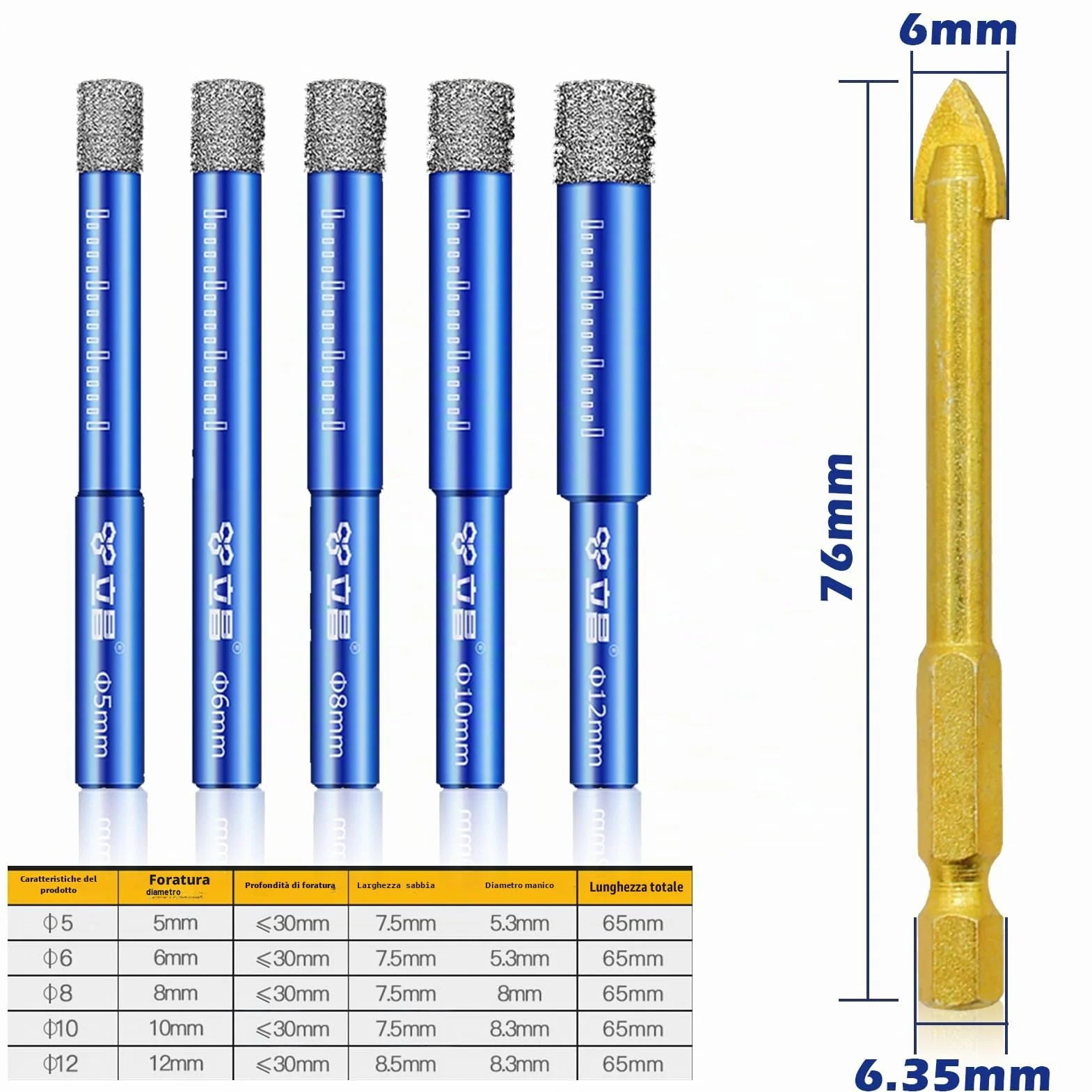 6pcs punte diamantate gres porcellanato,5/6/8/10/12mm Punte Trapano Diamantate Gres Porcellanato+6 mm Carbide Punte per Vetro, Ceramica, Granito, Marmo, Granito