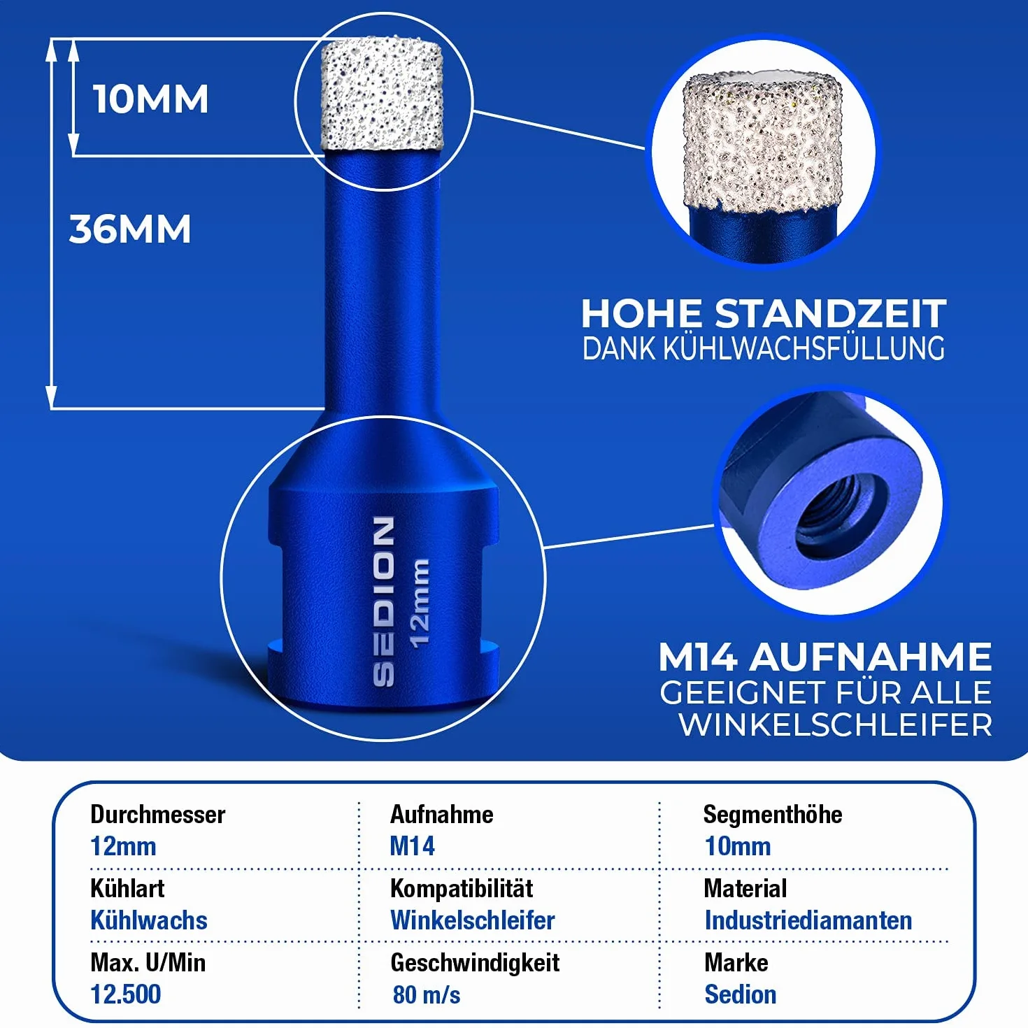 Trapano per piastrelle 12mm x M14 - Punta per forare piastrelle dure - Punta diamantata 12 mm - Sedion qualità premium diamanti di alta qualità - compatibile con Bosch Makita uvm.