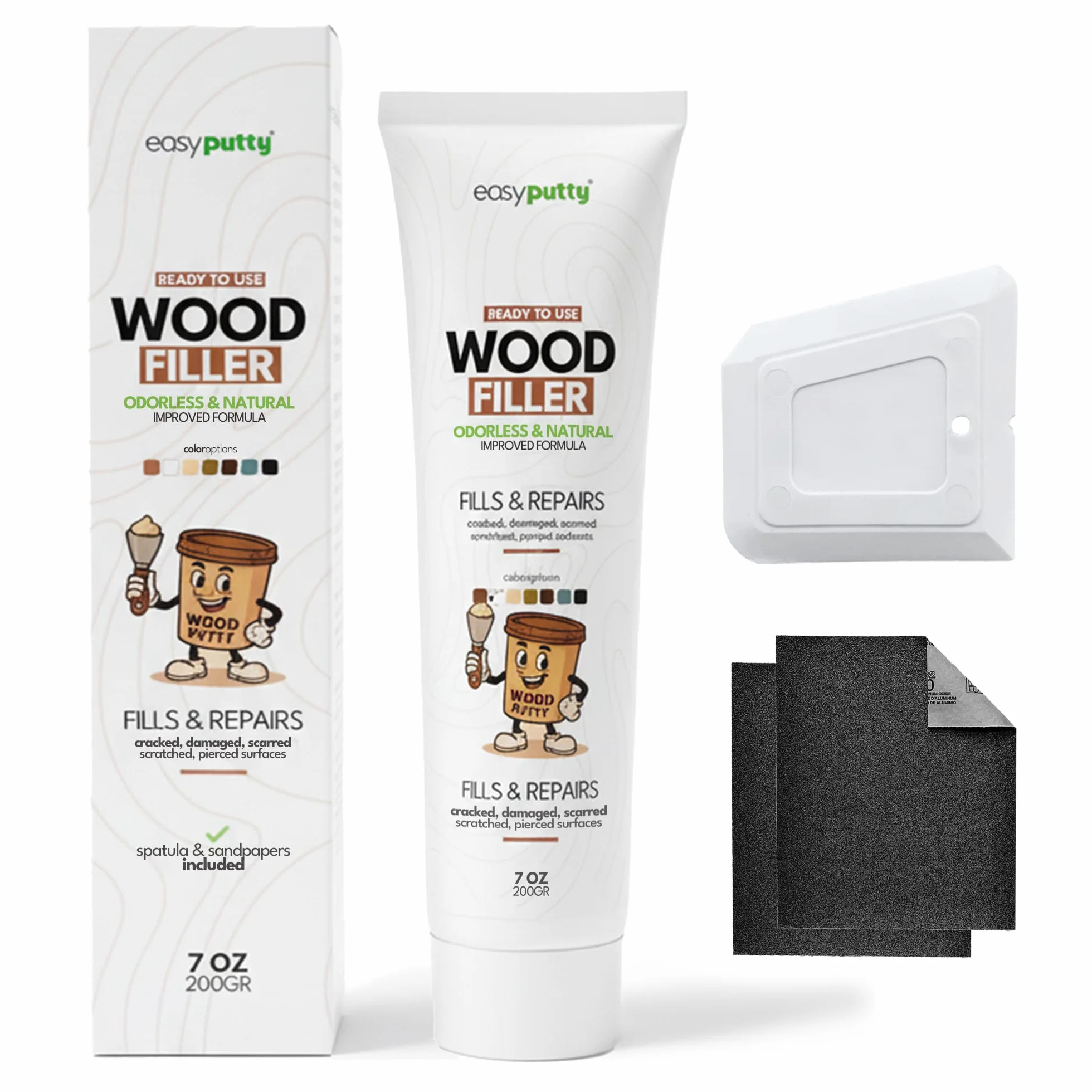 Stucco per Legno - Riempitivo per Mobili, Armadi in Legno, Pavimenti, Porte e Tavoli - Uso Interno ed Esterno + Include Carta Abrasiva & Spatola - 200 g (Bianco)
