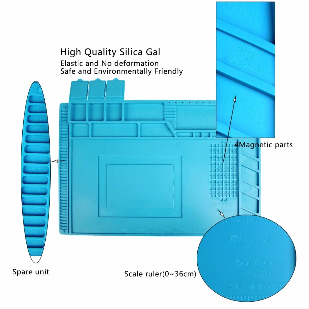 OTYMIOW Tappetino per Saldatura in Silicone 45 x 30 cm Tappetino da Lavoro Magnetico per Griglia di Minuteria Tappetino Antistatico per Progetti Gadget per Riparazione Stuoia di Saldatura Fino a 500°C