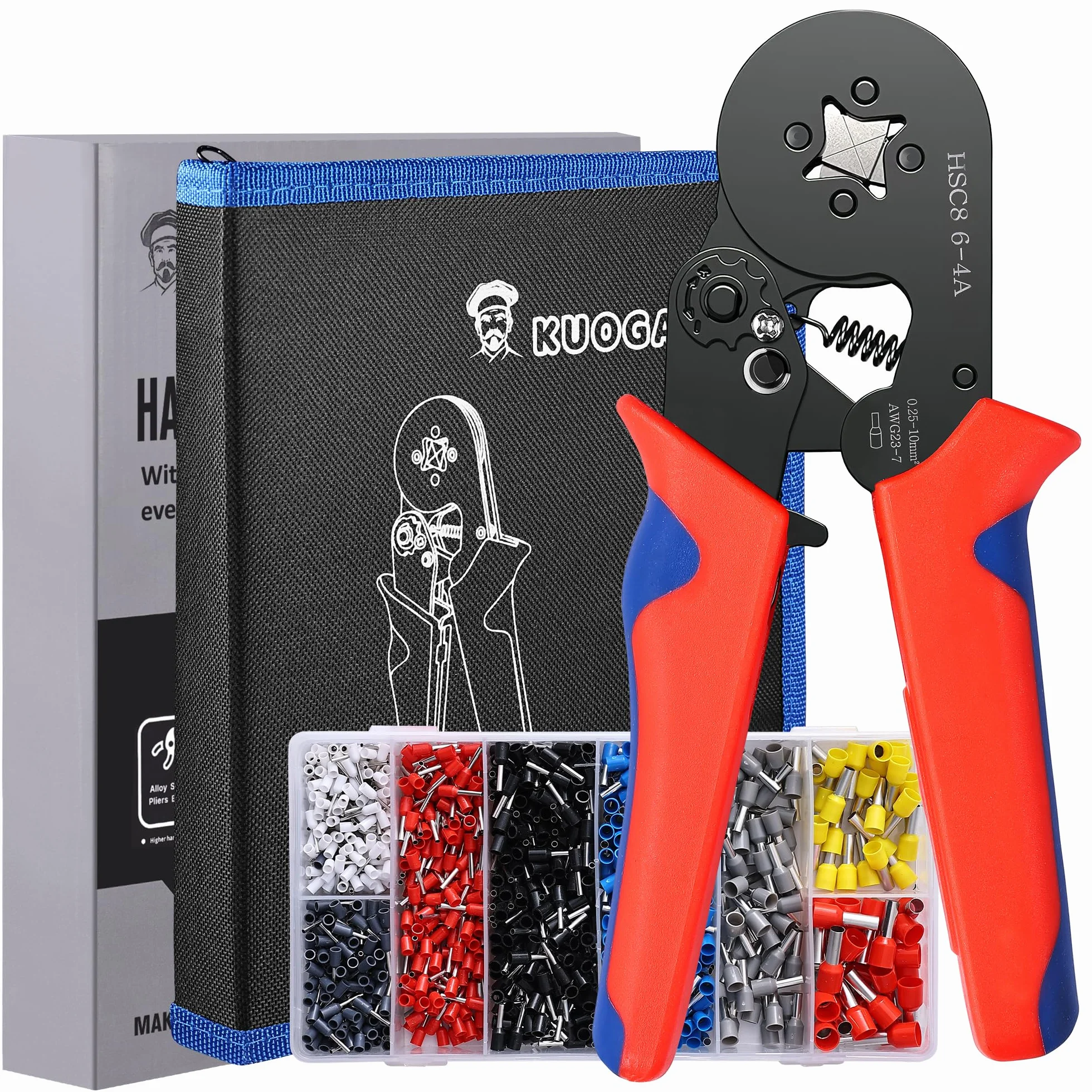Pinza crimpatrice capicorda regolabile automaticamente, include 1200 capicorda elettrici a crimpare per cavi 0.25-10mm². Set completo con crimpatrice puntalini e accessori.