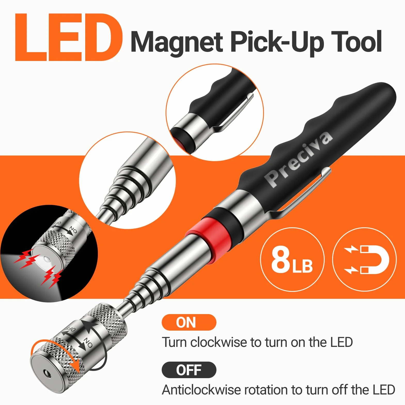 Spazzatrici Magnetiche Preciva，Set di 3 pezzi sollevatore telescopico flessibile a LED, strumento di raccolta magnetico portatile, magnetico potente, strumenti meccanici da uomo