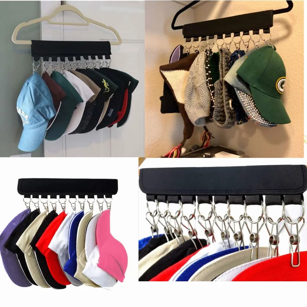 2 organizer per cappelli da baseball, con 10 clip in acciaio inox, per armadio, cappelli, calze, sciarpe, cravatte, per viaggi, hotel, casa, guardaroba (nero)