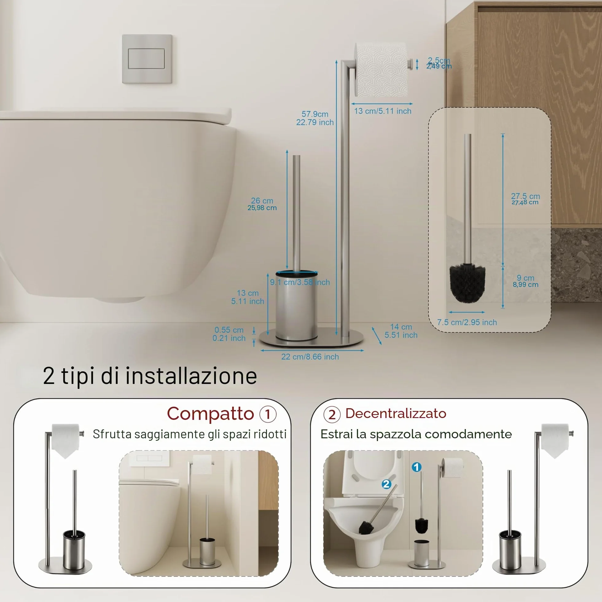 BVL Piantana Portarotolo e Scopino Spazzolato, Scopino WC con Porta Carta Igienica in Acciaio Inox, Porta Carta Igienica da Terra Scopino Bagno WC