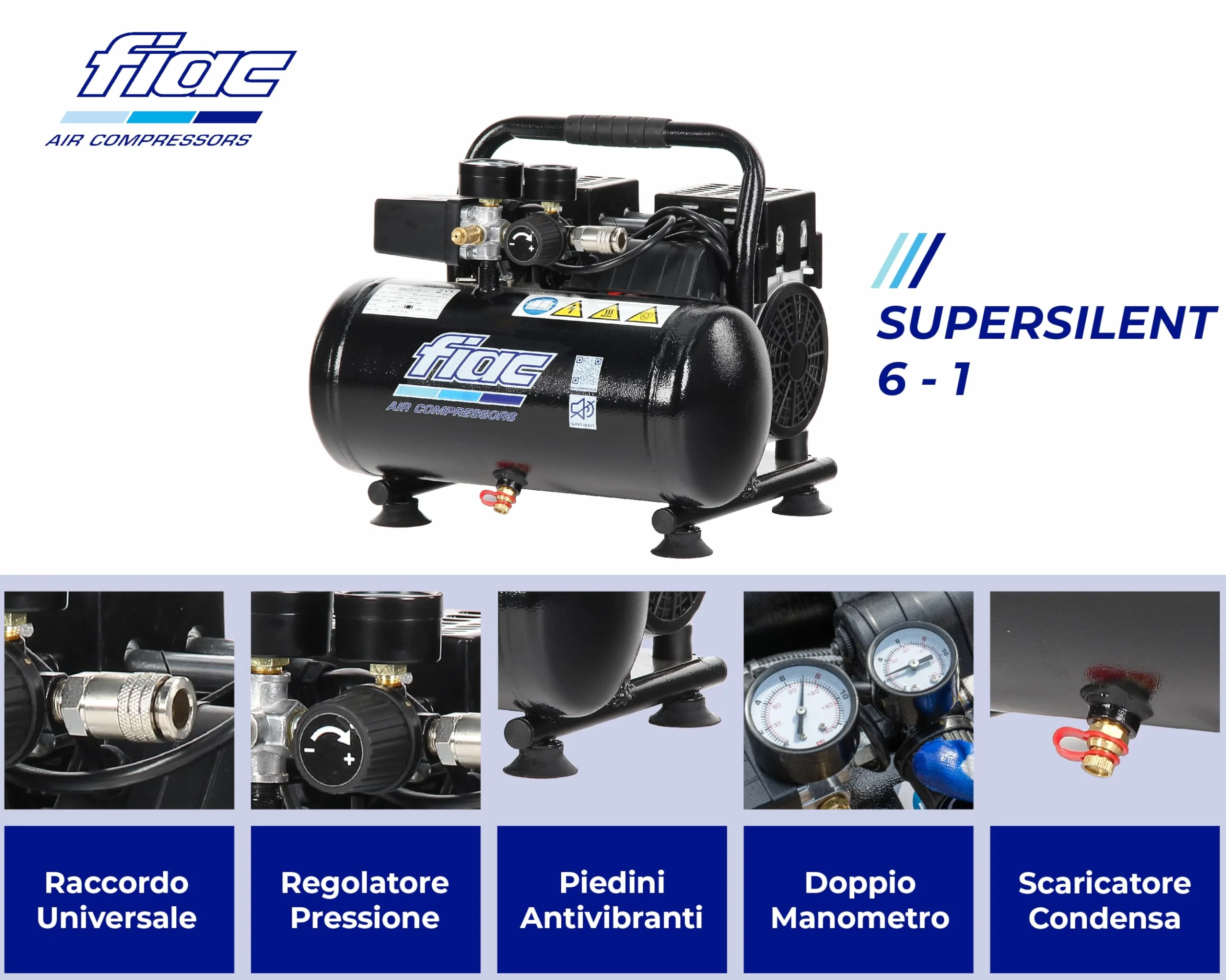 FIAC Compressore d'Aria Portatile Silenzioso SUPERSILENT 6, Oil Free, Pressione Massima 8 Bar, 1 Hp, Serbatoio 6 Litri, Rumorosità 58 dB LpA