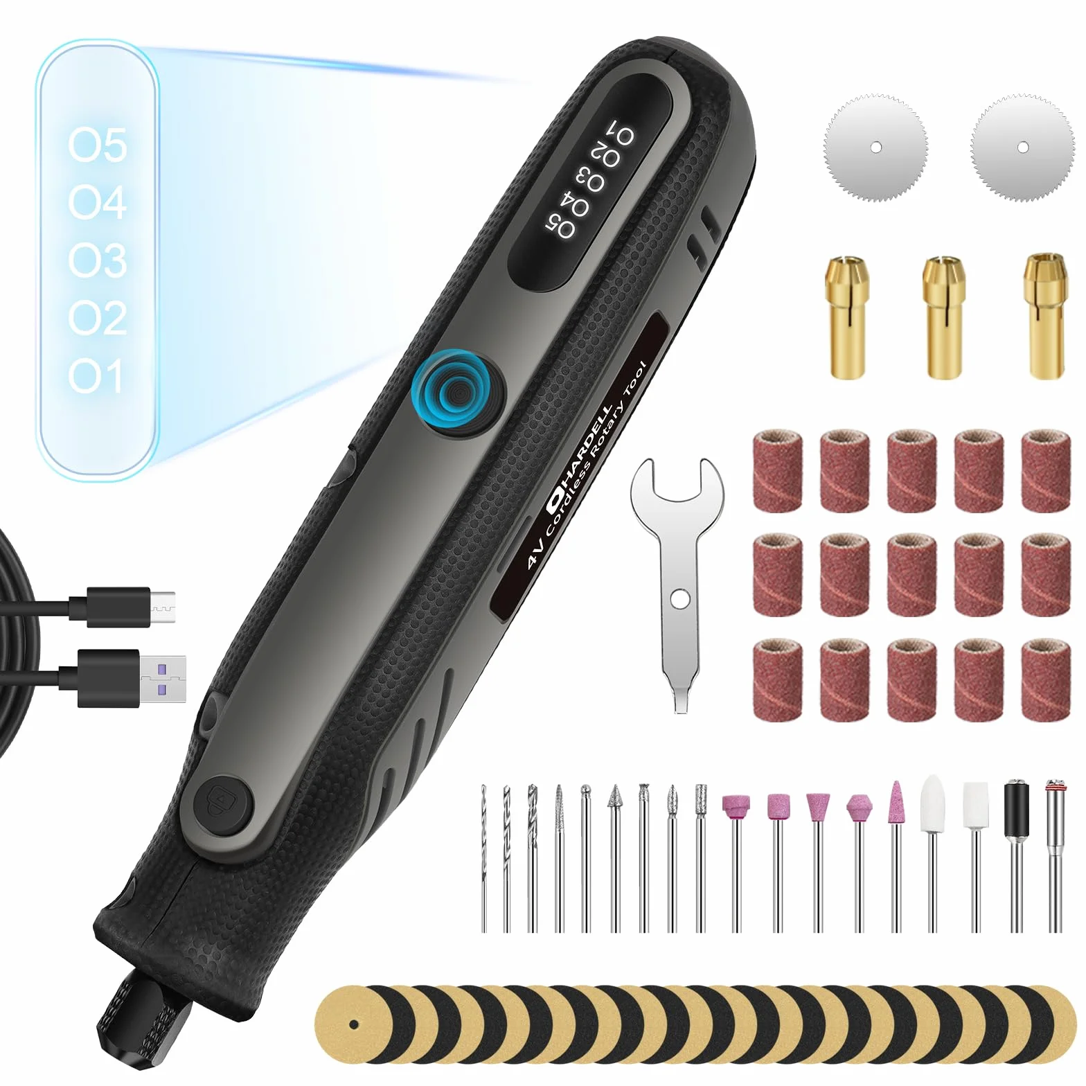 HARDELL 4V Mini Trapano a Batteria, 5 Velocità, Display Digitale, Utensile Rotante Multifunzione con 69 Accessori per Incisione e Taglio