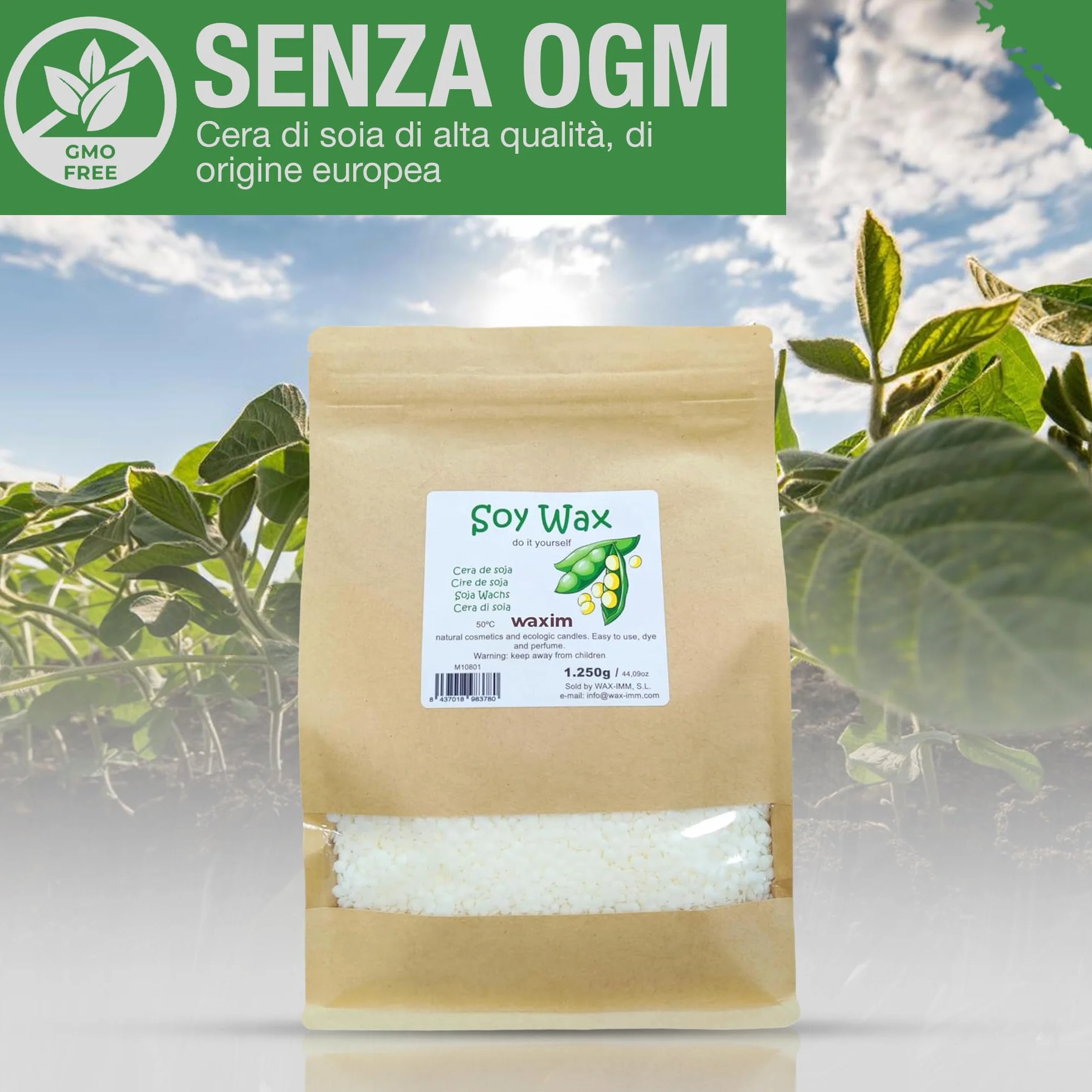Cera di soia WAXIM per candele in perle | Cera di soia naturale, cera per realizzare candele fatte in casa e profumate 1250 g | A base vegetale in contenitori | Fusione uniforme