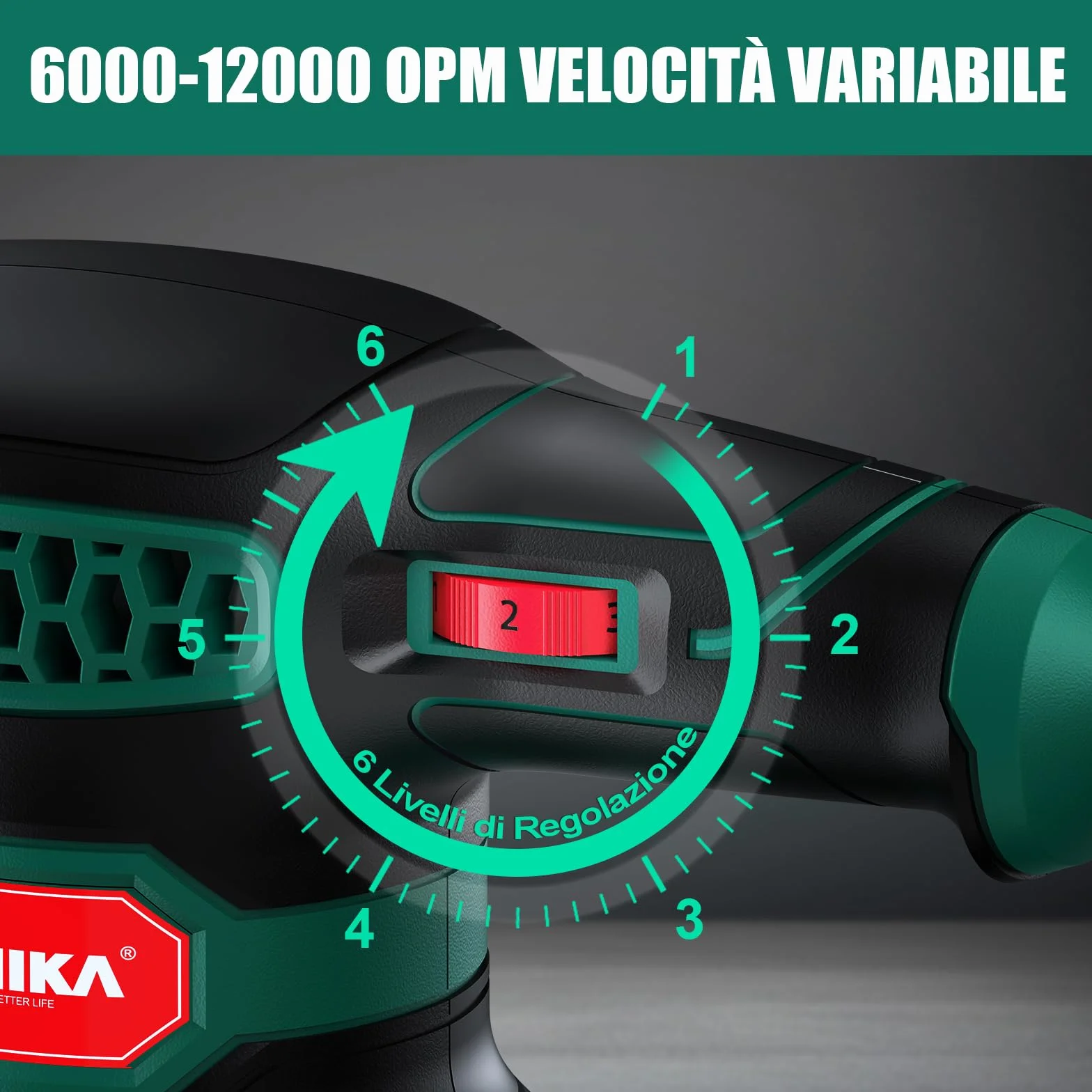 HYCHIKA Levigatrice Orbitale 300W 12000OPM 6 Velocità 16 Pezzi Dischi Abrasivi 125 Frenata Rapida