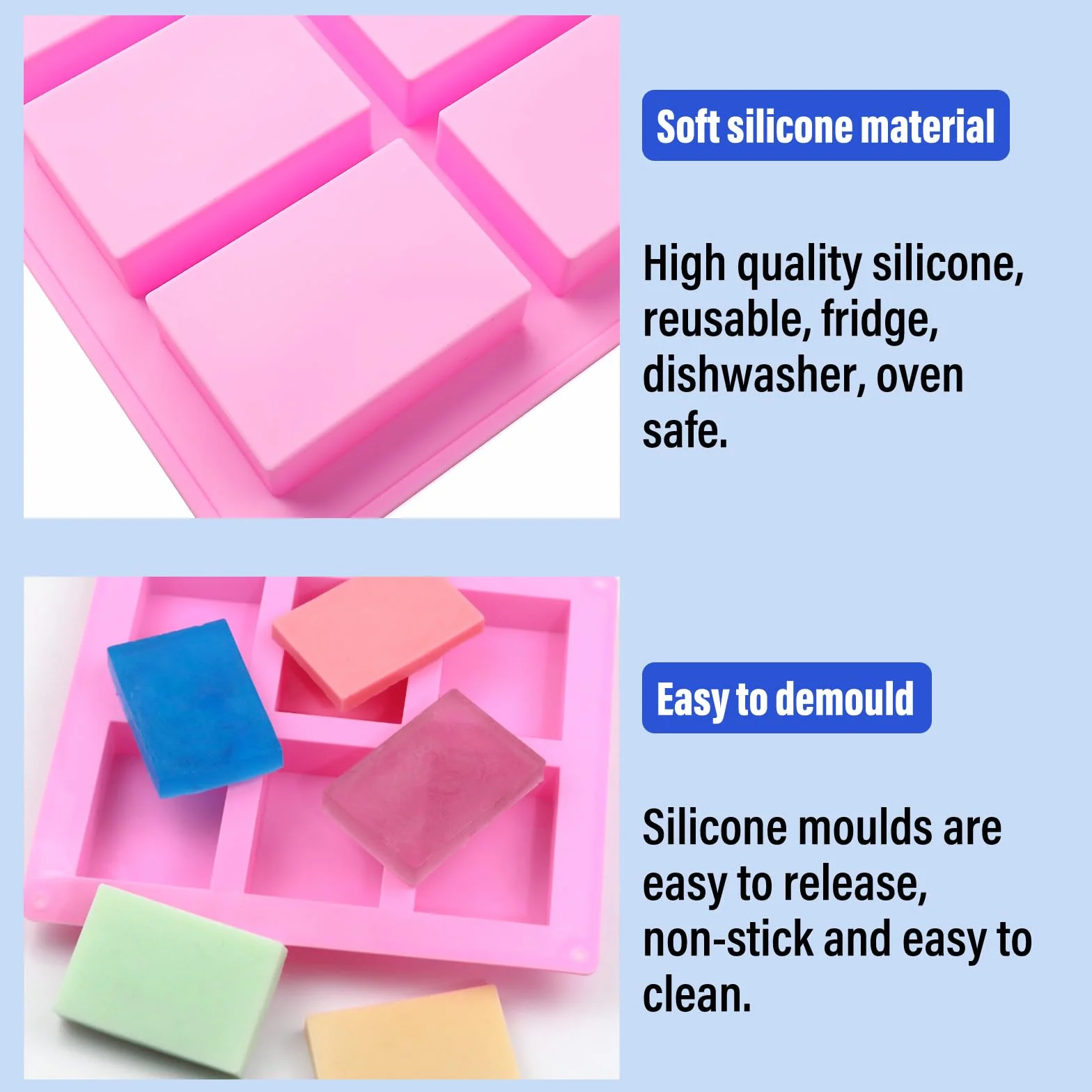 3 Pezzi Stampo per Sapone in Silicone, 6 Cavità Stampi per Saponette Fai Da Te, Stampo in Silicone Fai Da Te per Biscotti, Cioccolato, Contiene 50 Sacchetti di Imballaggio