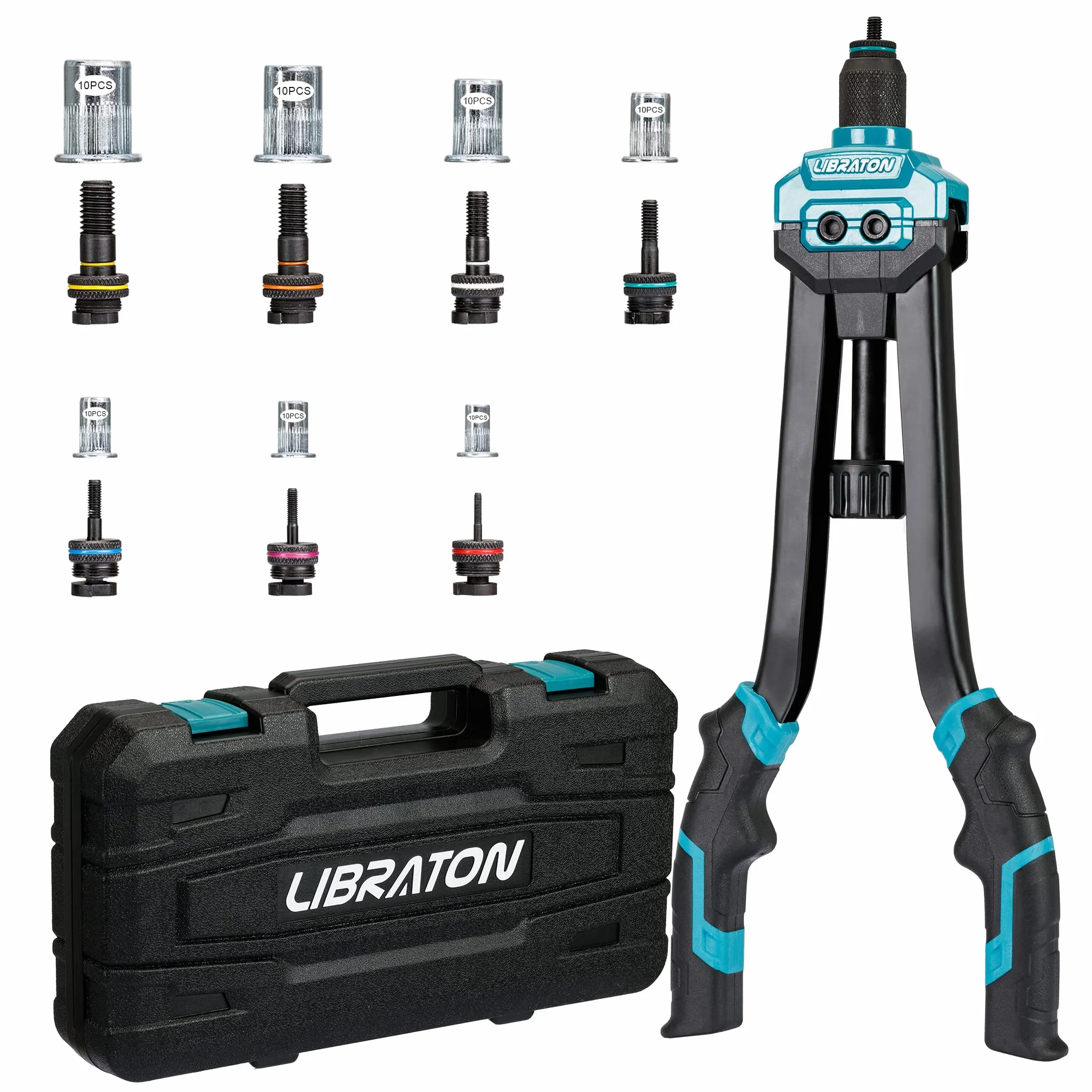 Libraton Rivettatrice Professionale Mano, Rivettatrice per Inserti Filettati a Doppia Impugnatura Kit, 16" Rivetto Dado con 70 Dadi e 7 Mandrini Metrici, Facile da Sostituire