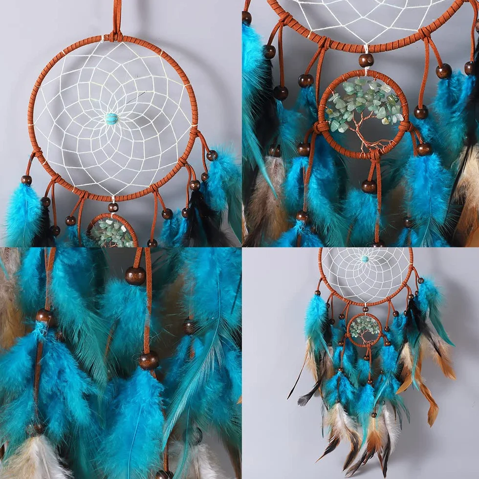 BetterJonny Acchiappasogni Blu Dream Catcher da Parete con Piume Blu Turchese Fatti a Mano