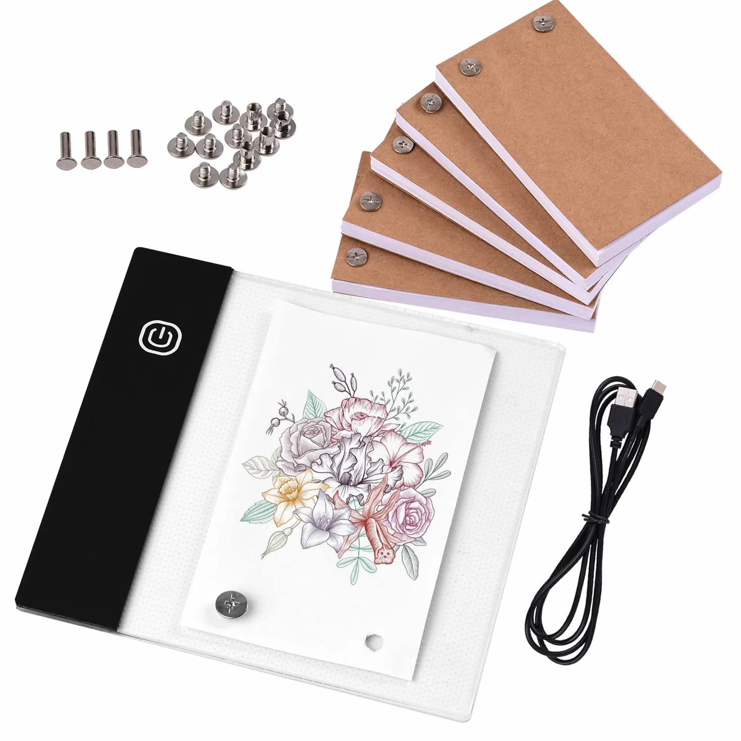 Irfora Kit libro pieghevole con Mini Pad Light Box LED Design Tablet con Foro 300 Fogli Flipbook Carta Viti di giunzione per Disegno Aniione Schizzo Creazione