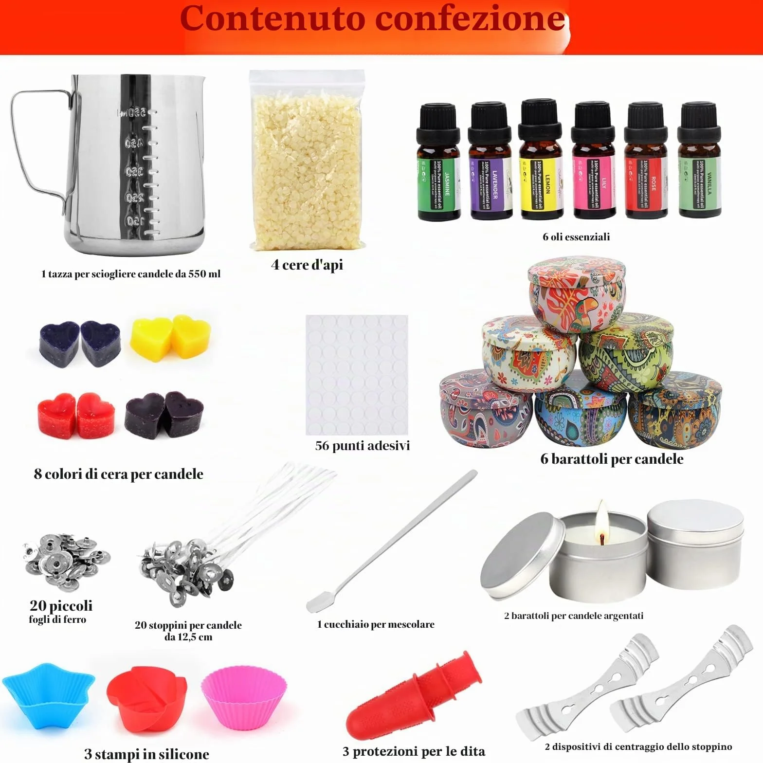 Kit per realizzare candele profumate fai da te, set di candele fai da te con profumo di cera d'api da, 8 barattoli per candele, 6 oli profumati, 8 blocchi coloranti, 500 ml, ecc. Crea le tue candele
