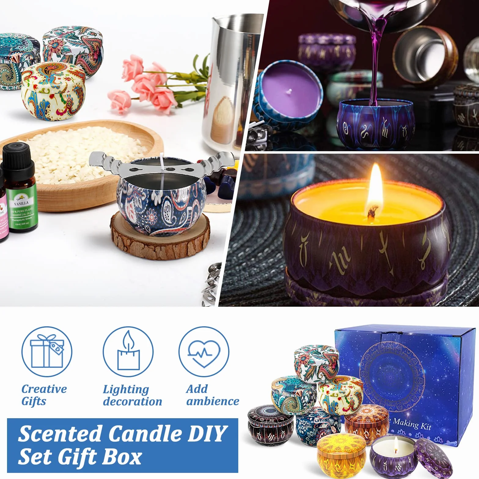 JOYBOY Kit per Fabbricazione Candele DIY,Naturale Cera di soia,80 Stoppini,8 Barattoli,Stampo in Silicone ect