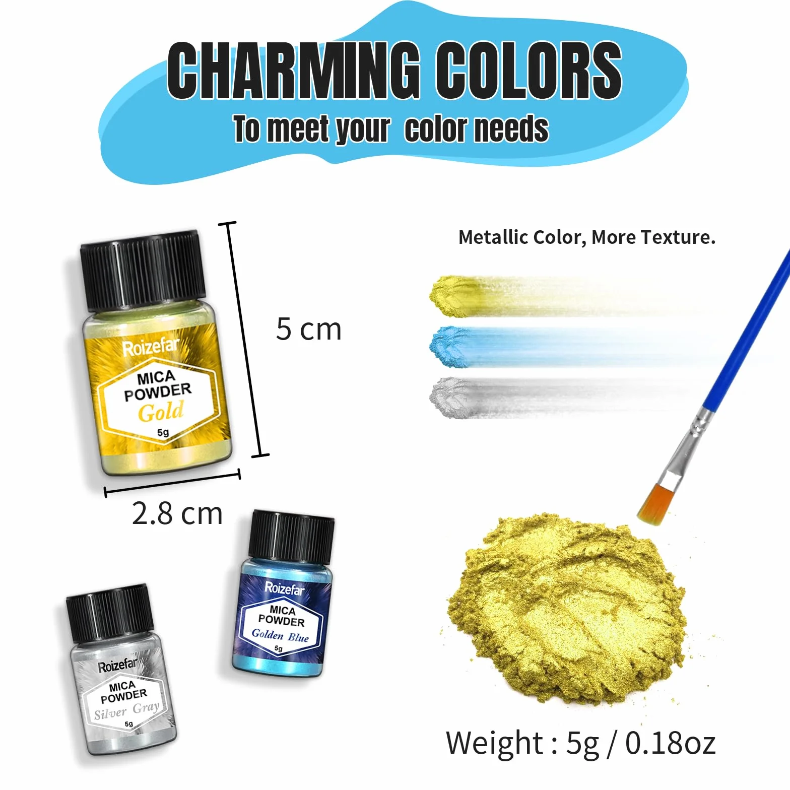 Roizefar Polvere di Mica - Pigmento di Resina Epossidica 12 Colori, Colorante per Sapone, Colorante in Polvere Metallico per la Creazione di Gioielli, Bombe da Bagno, Nail Art (5 g per Bottiglia)