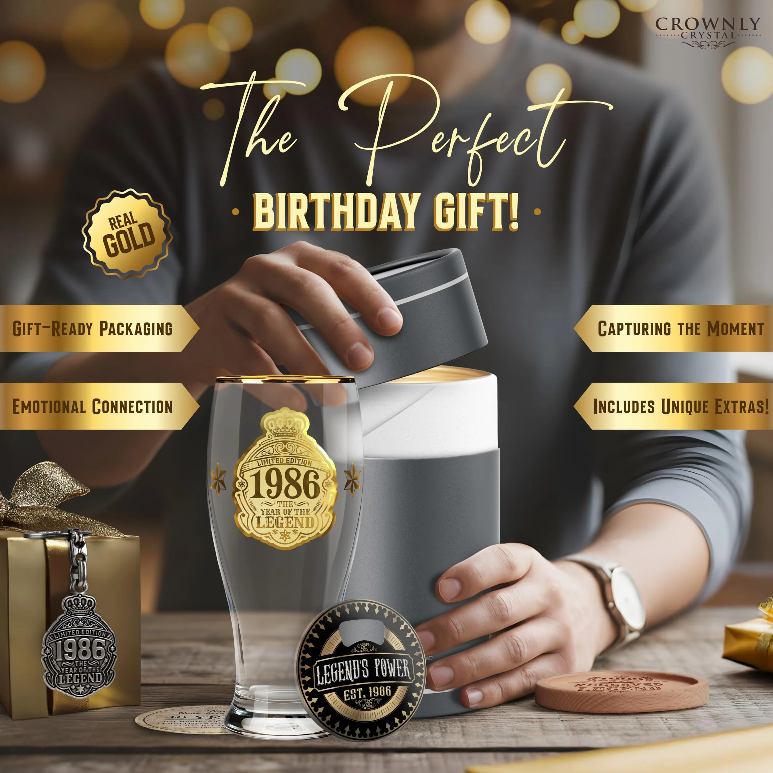 CROWNLY CRYSTAL® 1986 Regalo 40 Anni Bicchiere Birra 570 ml Personalizzato Uomo