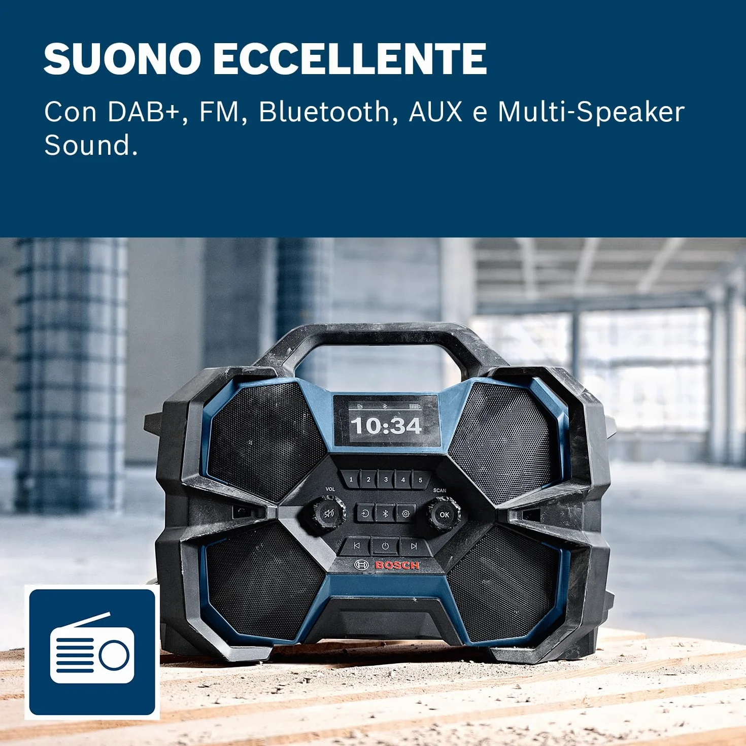 Bosch Professional Radio a batteria GPB 18VH-6 SRC 18V/12V System (ricarica integrata per 18 V e 12 V, incl. apribottiglie, 2 batterie AAA, pellicola protettiva schermo, senza batteria/caricabatteria)