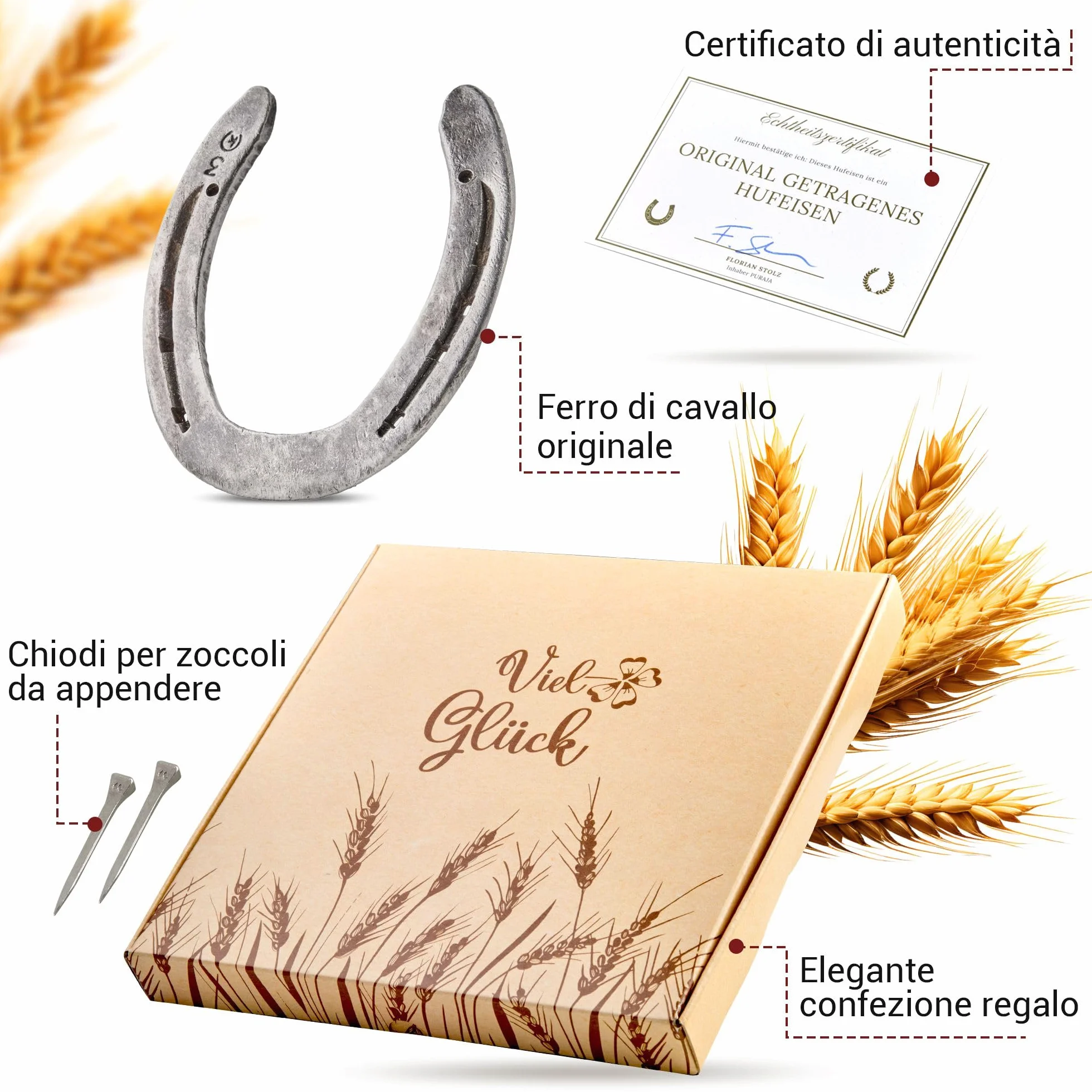PURAJA Ferro di cavallo autentico consumato portafortuna originale con certificato