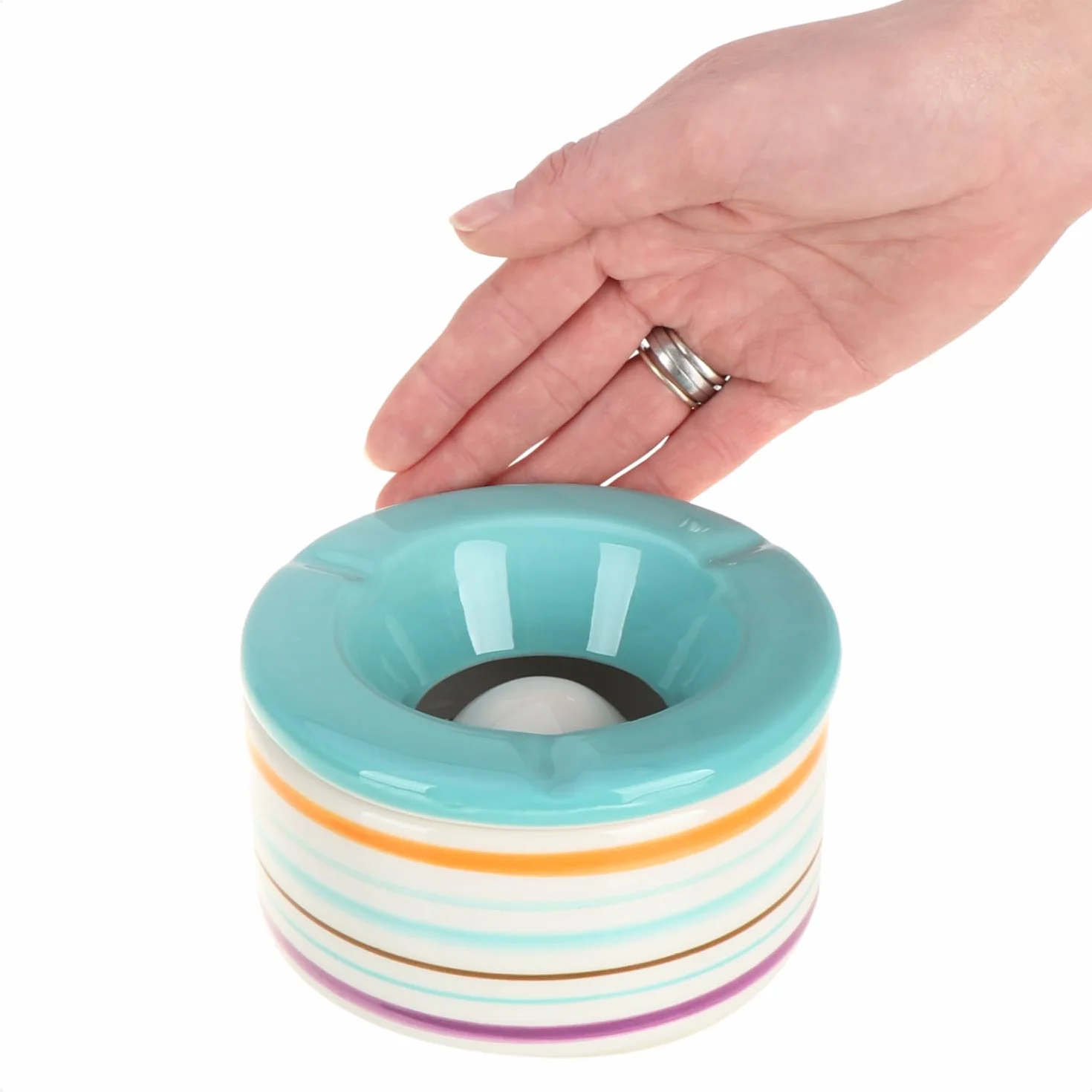 com-four® 2x Posacenere Antivento in Ceramica Dolomite - Portacenere Grande con Coperchio in Ceramica Blu e Verde 12 cm