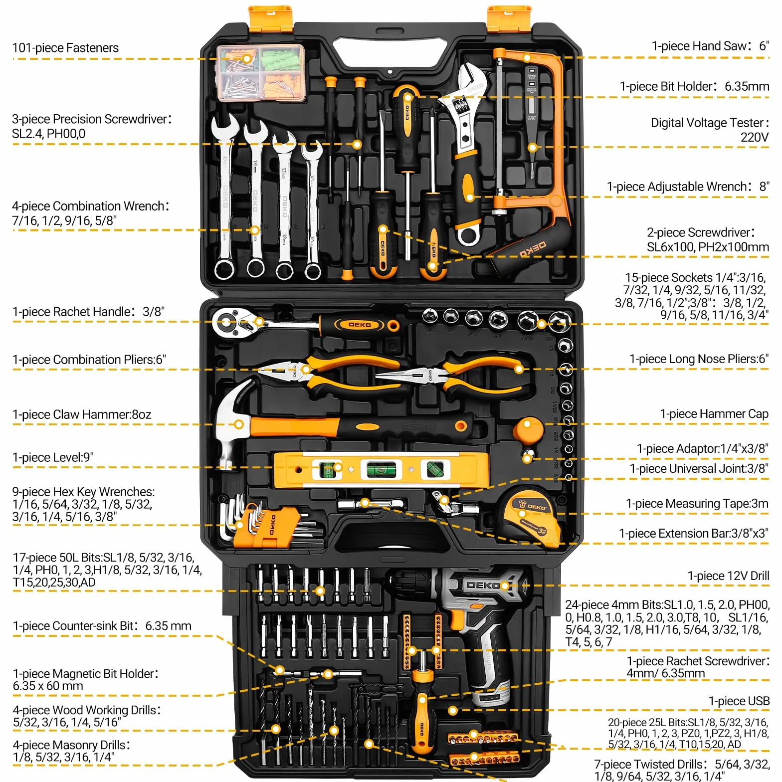 DEKO Cassetta Attrezzi Completa con Trapano Avvitatore Batteria 12V, 238 Pezzi Valigetta con Set Completo di Punte