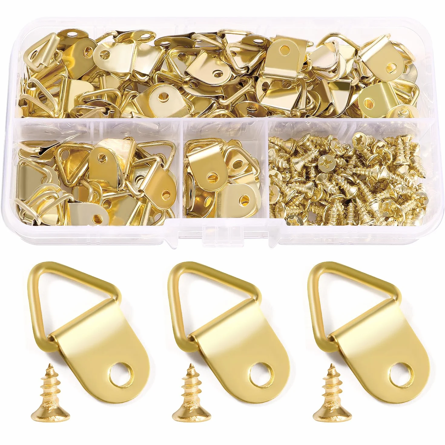 YIXISI 100 Pezzi Ganci Cornici Quadri, Triangolo Anello Gancio, D Anelli Cornice per Foto, Ganci Appendi Quadri, con 100 Pezzi Viti, per Foto Pitture, Decorazione Della Casa, Dorato