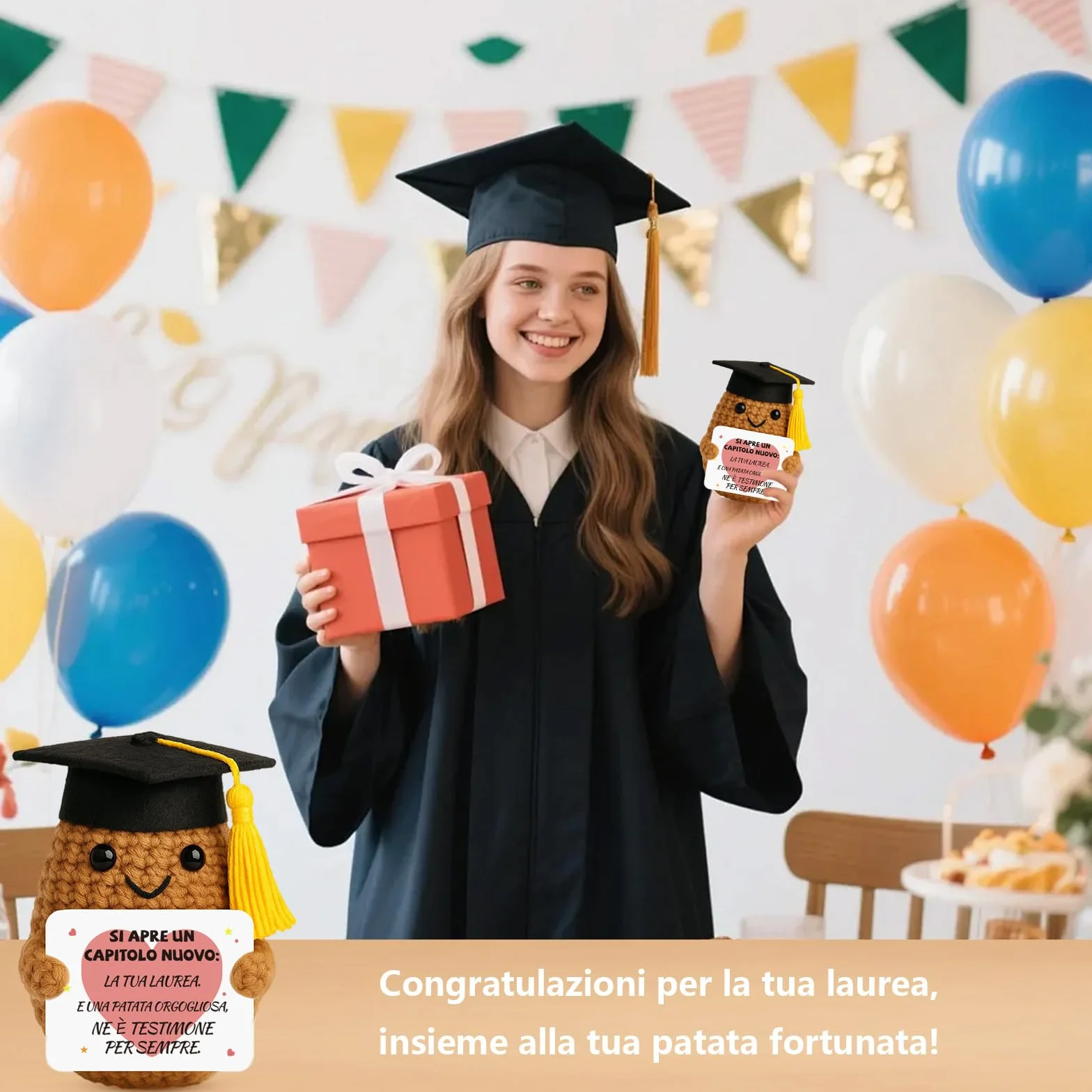 Regalo Laurea Patata Incoraggiante all'Uncinetto a Mano - Pocket Hug Patata Fortunata con Portafortuna Esami e Biglietto di Auguri