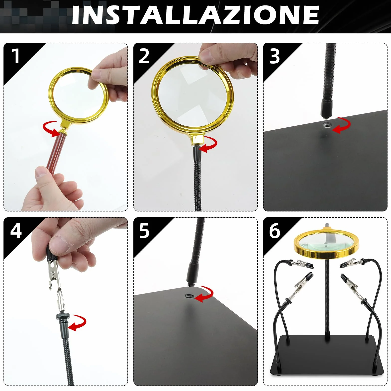 Terza Mano Saldatura con 3x Lente di Ingrandimento, Accessori per Modellismo, tonhui Supporto per Saldatura su Schede, Stazione di Aiuto a Quattro Braccia per Gioielleria, Hobby e Lavori Manuali