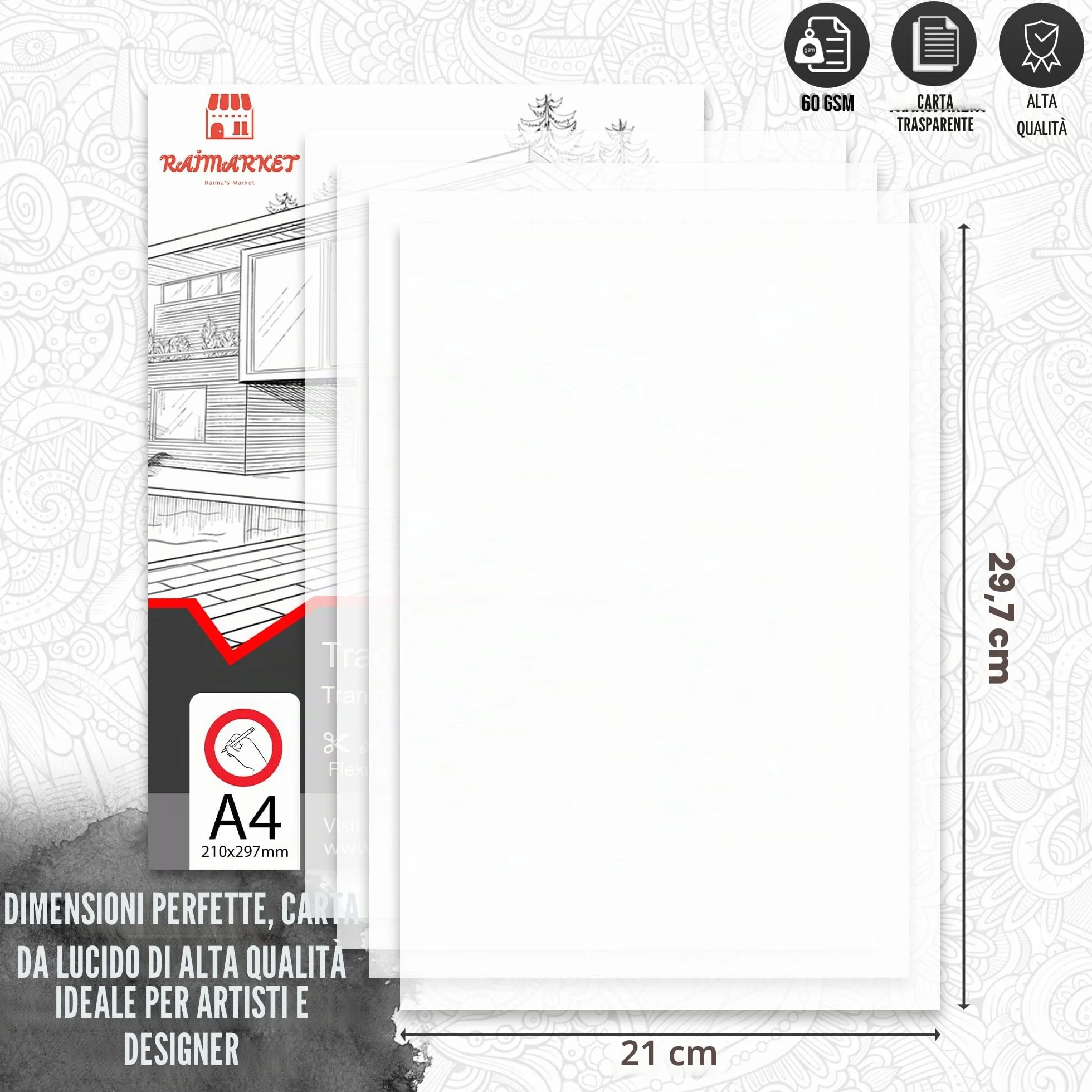 RAIMARKET Carta da Ricalco Premium - Fogli Trasparenti per Disegni Tecnici, Schizzi e Progetti Architettonici