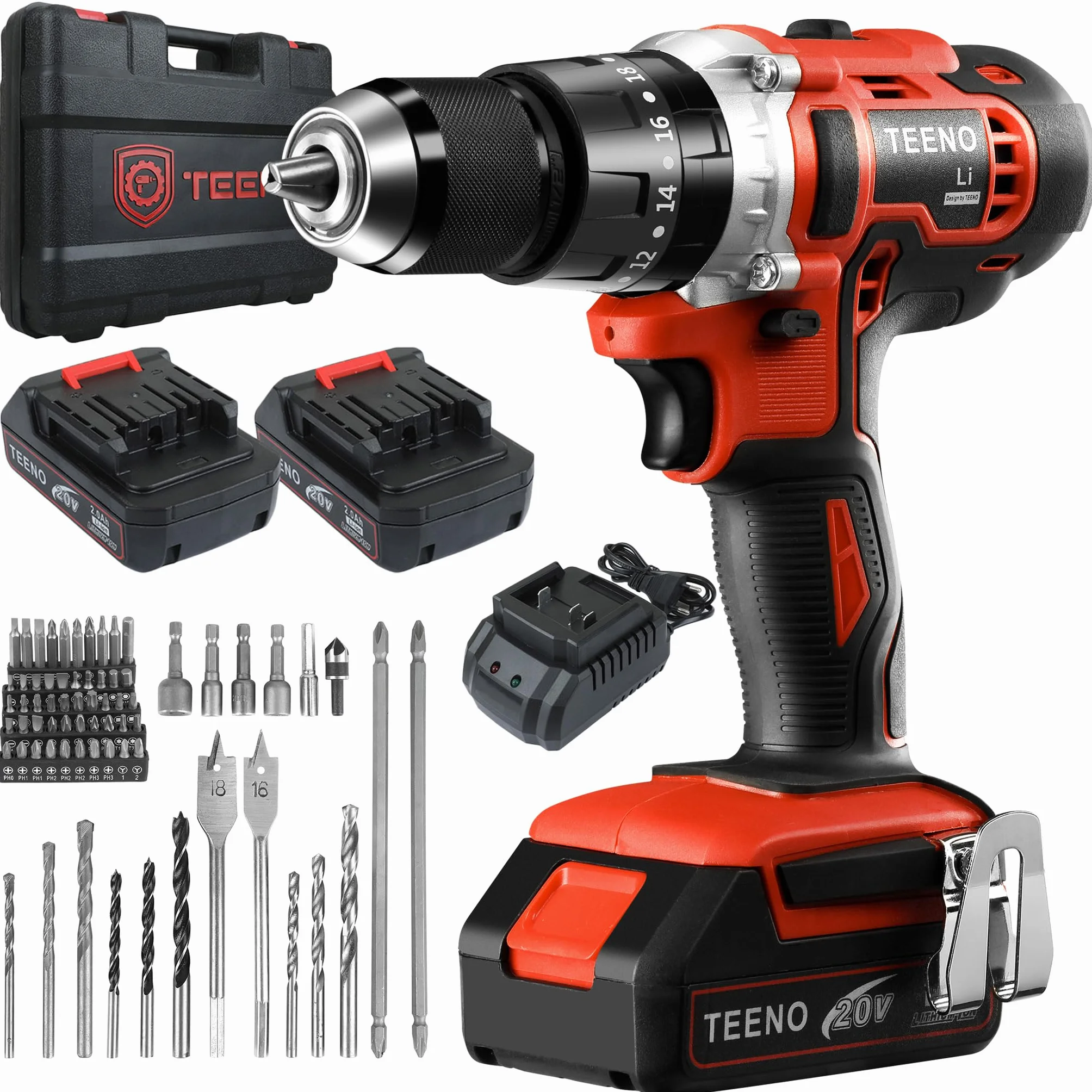 TEENO Trapano Avvitatore a Batteria 20V, Avvitatore Elettrico 45Nm con 2 Batterie 2,0Ah, Trapano a Percussione con 20+3 Regolazioni di Coppia, 2 Velocità, Mandrino 13mm, LED, Valigetta e Accessori