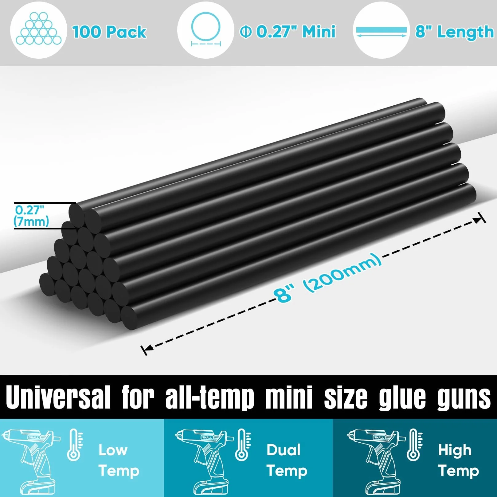SHALL - 100 stick di colla nera 0,27" x 8" (7 mm x 200 mm) stick di colla a caldo per pistola per colla multiuso fai-da-te per tutte le temperature