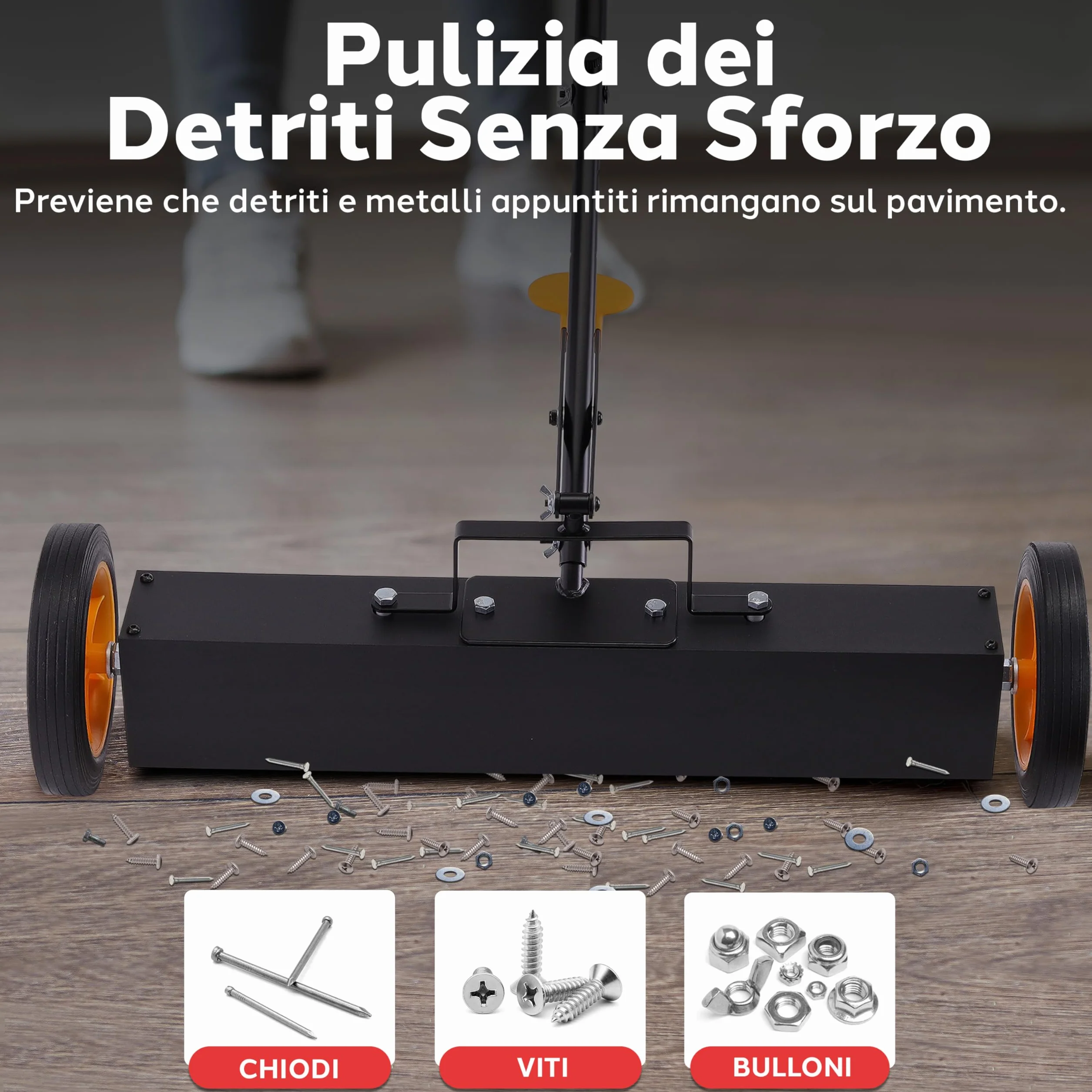Pyle Spazzatrice Magnetica con Ruote 61 cm, Scopa Magnetica per Chiodi, Viti, Bulloni, Manico Regolabile, Raccoglitore Parti Metalliche per Uso Industriale e Commerciale, Nero/Arancione