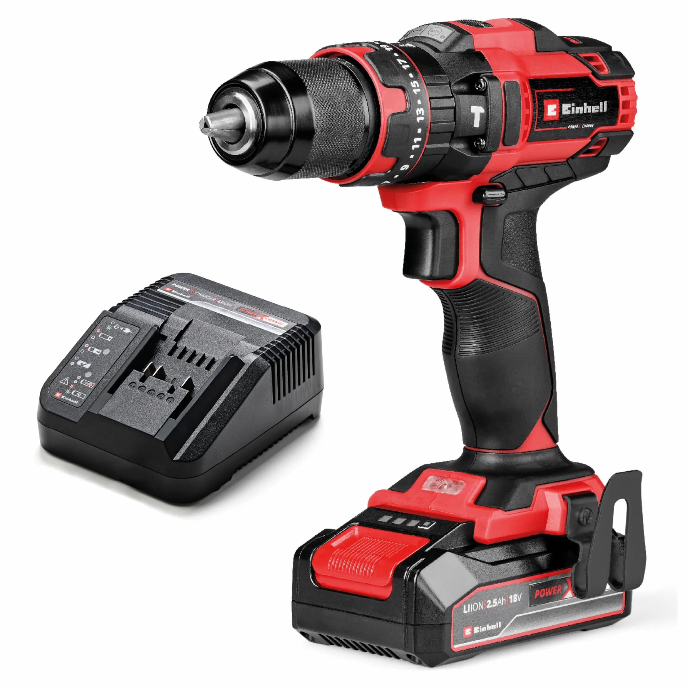 Einhell Trapano a percussione a batteria TE-CD 18/44 Li-i (1x2,5Ah) Power X-Change (18 V, 44 Nm, funzione percussione, mandrino in metallo 13 mm, 2 velocità, batteria da 2,5 Ah e caricabatterie)