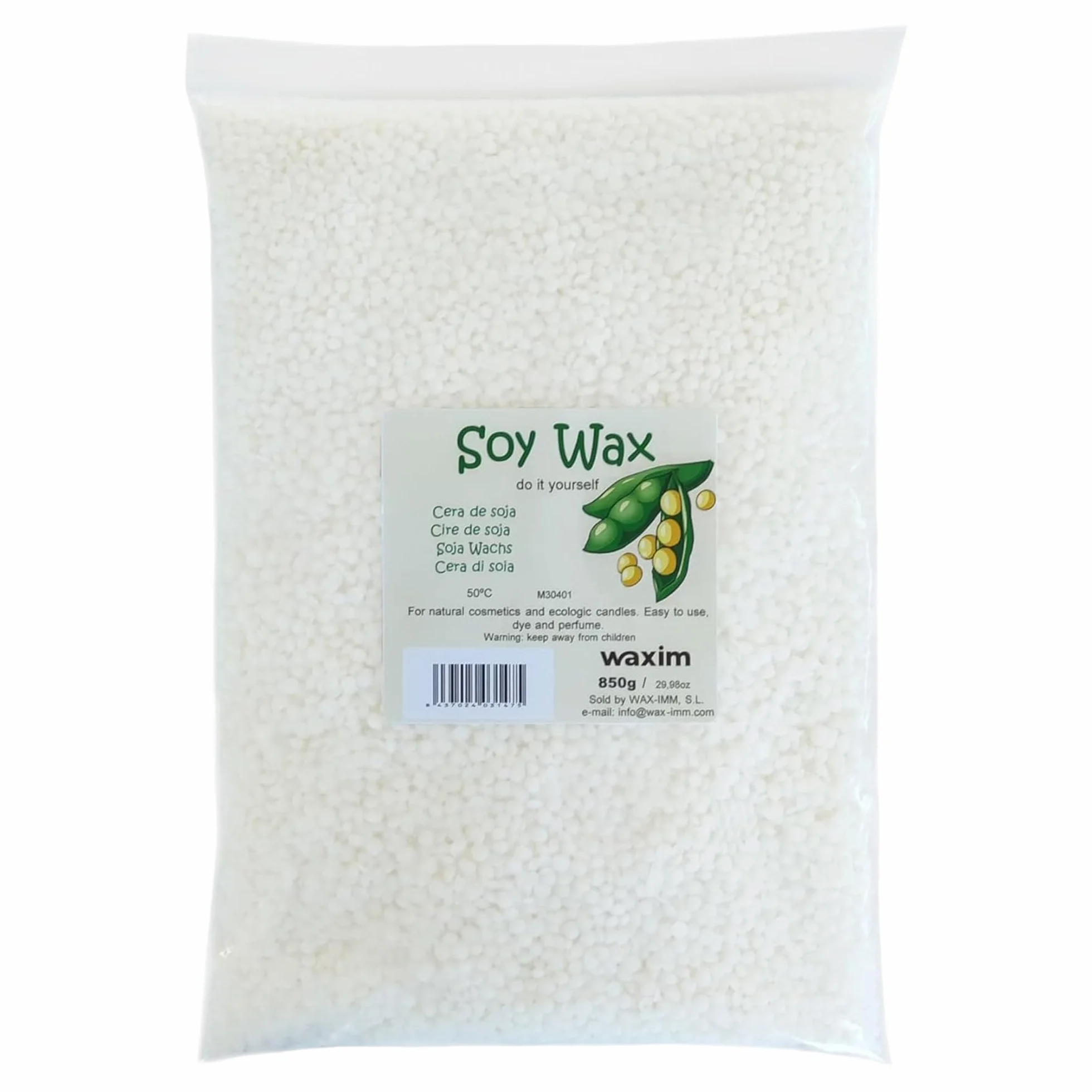 WAXIM Cera di Soia per Candele in Perle | Soy Wax Naturale per Fare Candele Fai da Te 850 g | Base Vegetale per Contenitori | Cera per Candele Fai da Te, Fusione Uniforme e Combustione Pulita