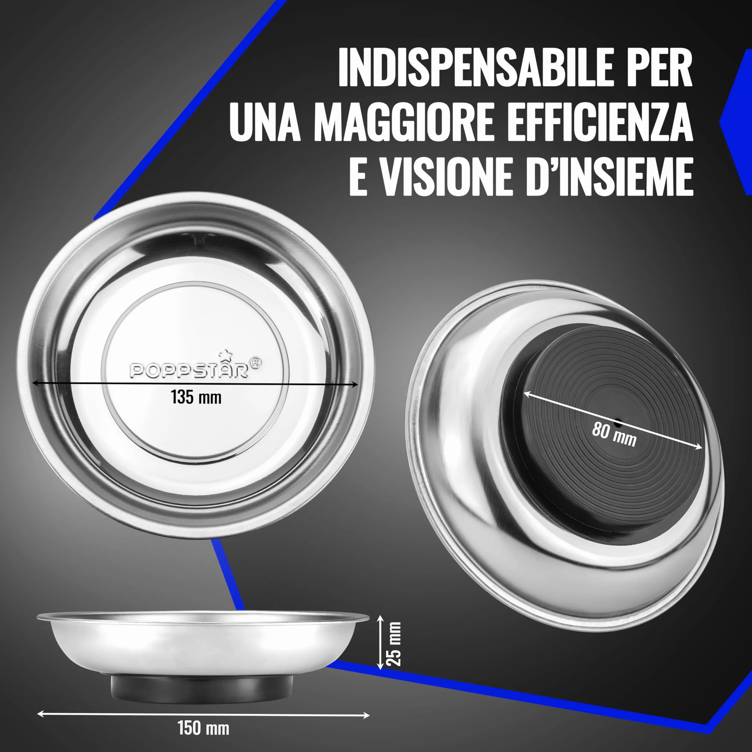 Poppstar 3x Vassoi magnetici per officina, rotondi, diametro 150mm, profondità: 23mm, materiale: acciaio inossidabile