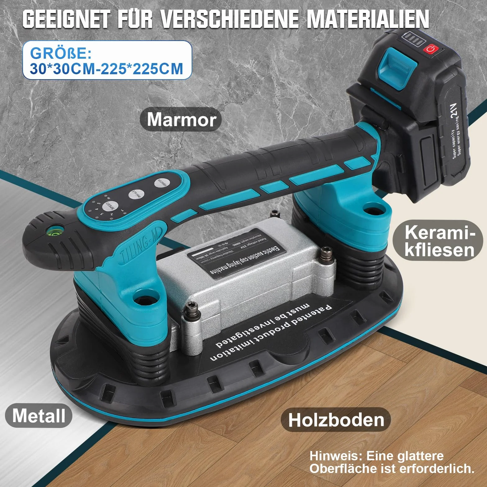 Vibratore per piastrelle, 12000 VPM, macchina per piastrelle, 30 – 225 mm, 250 kg, aggiornamento ventosa, 6 velocità, dispositivo di vibrazione per pavimenti regolabili (2 batterie da 2,5 Ah