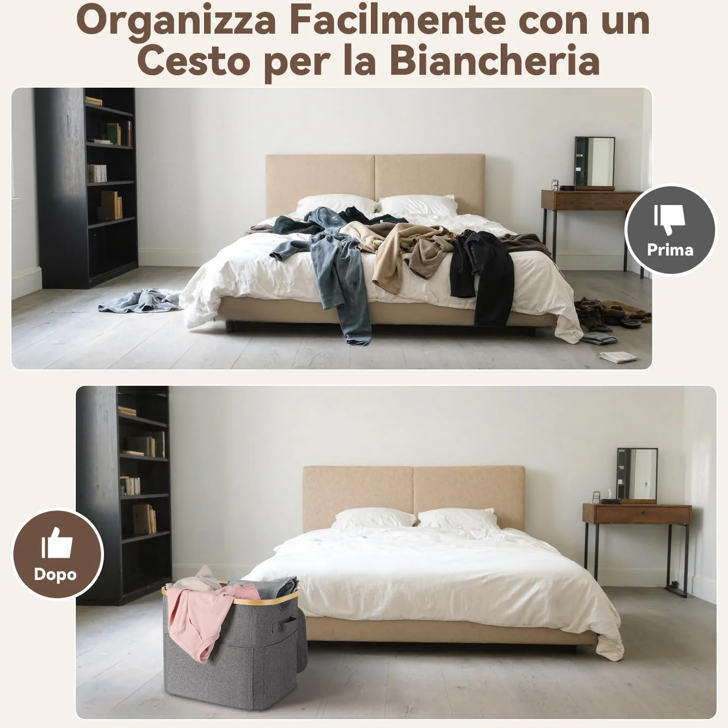 OUSFOT Cesto Portabiancheria Sporca 50L, Cesta Panni Sporchi con Grandi Tasche Anteriori e una Robusta Maniglia, Impermeabile Laundry Basket Per Armadi a Muro, Camere da Letto, Lavanderie, Bagno