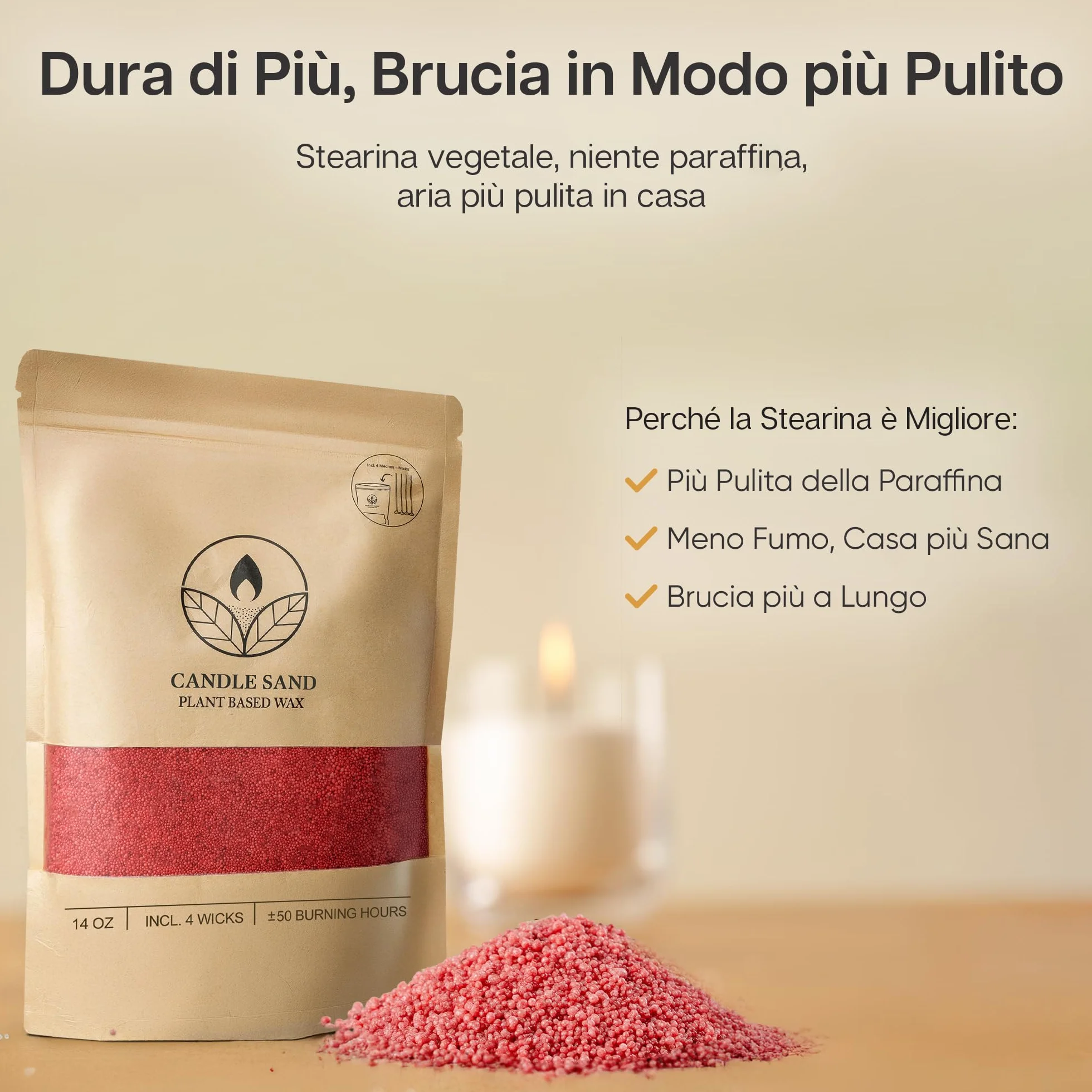 comforder Sabbia per candela con profumo e stoppino, aroma, granulato di cera per candele, set fai da te, 400 g, granuli, 4 stoppini per candele (marrone rosso, ambra)