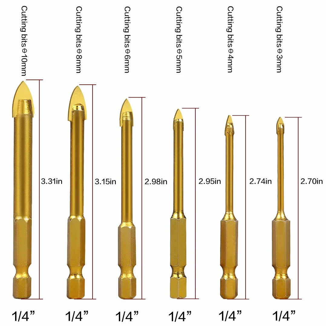Punta Vetro HTBAKOI Punte Trapano per Bucare Vetro Ceramica Piastrelle Cristallo in Acciaio di Tungsteno con Codolo Esagonale Rivestimento in Titanio Set di 6 Pezzi 3mm 4mm 5mm 6mm 8mm 10mm