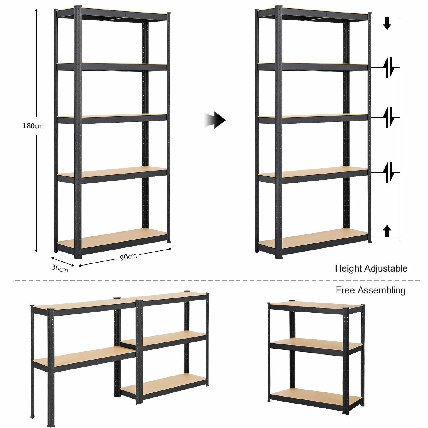 Yaheetech 2 Scaffali/Scaffalatture Metalliche da Garage 180 x 90 x 30 cm a 5 Ripiani in Acciaio Portata 175 kg per Ripiano Mensole da Cucina Magazzino Negozio Salvaspazio Neri