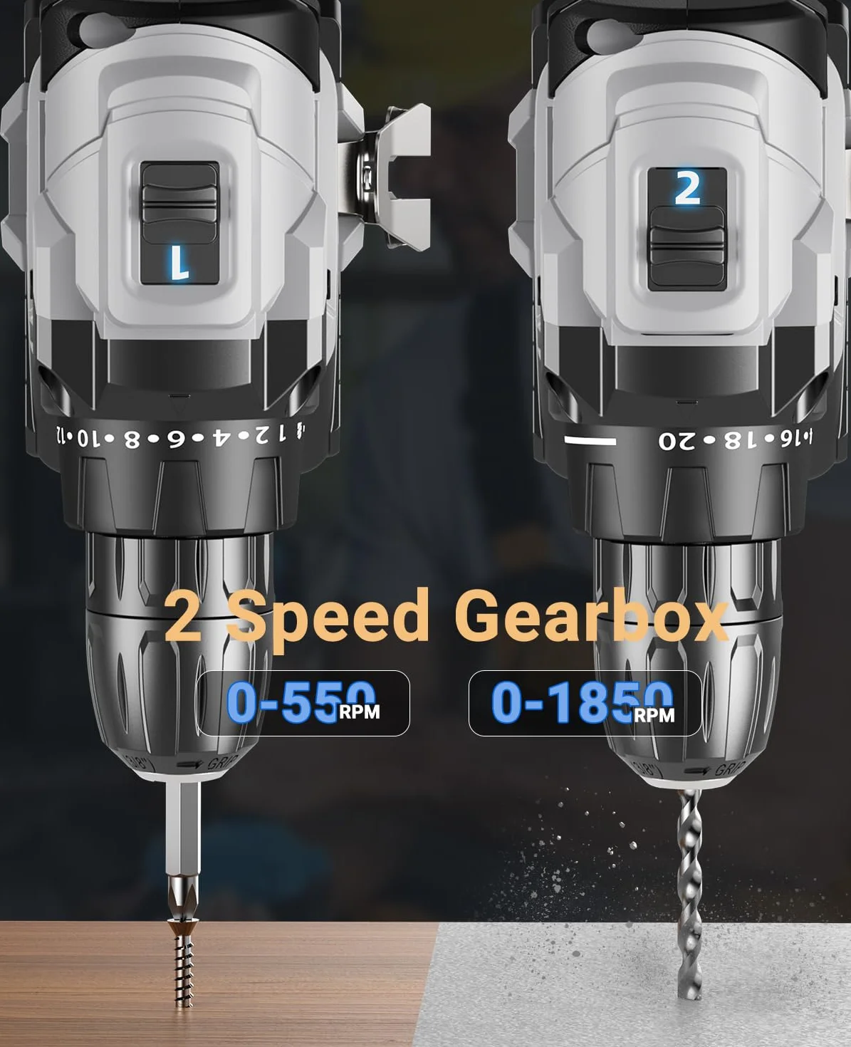 Trapano Avvitatore Batteria 21V, Brushless Avvitatore a Batteria con 2 Batterie da 2.0Ah, 45N.m di Coppia, 2 Velocità, 20+1 Coppia, 14 Accessori, Luce a LED, Per il fai da te, Grigio