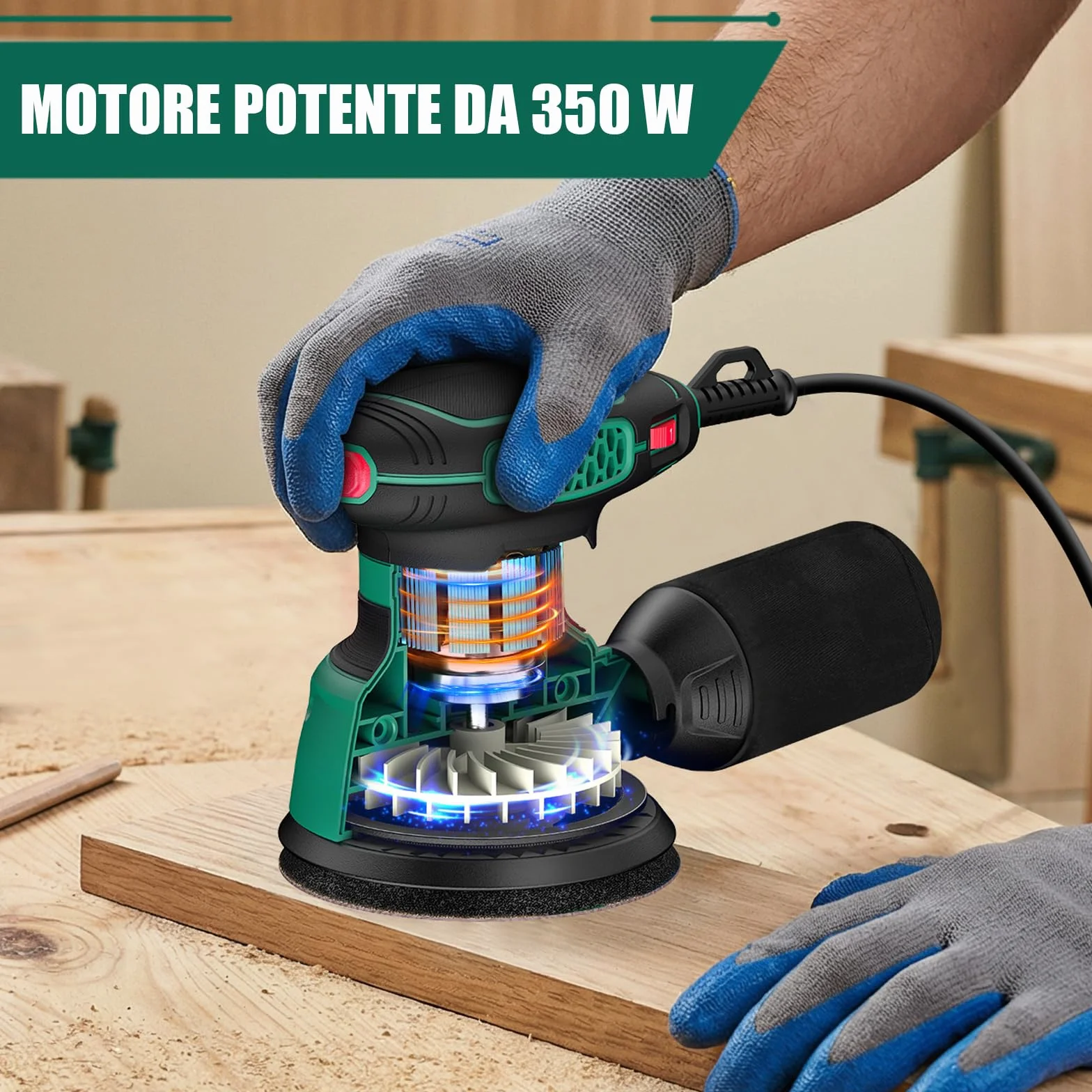 SORAKO Levigatrice orbitale 350W, 125 mm, 6 velocità, 16 fogli abrasivi, raccolta polvere, funzione frenante rapido, per progetti hobby in legno
