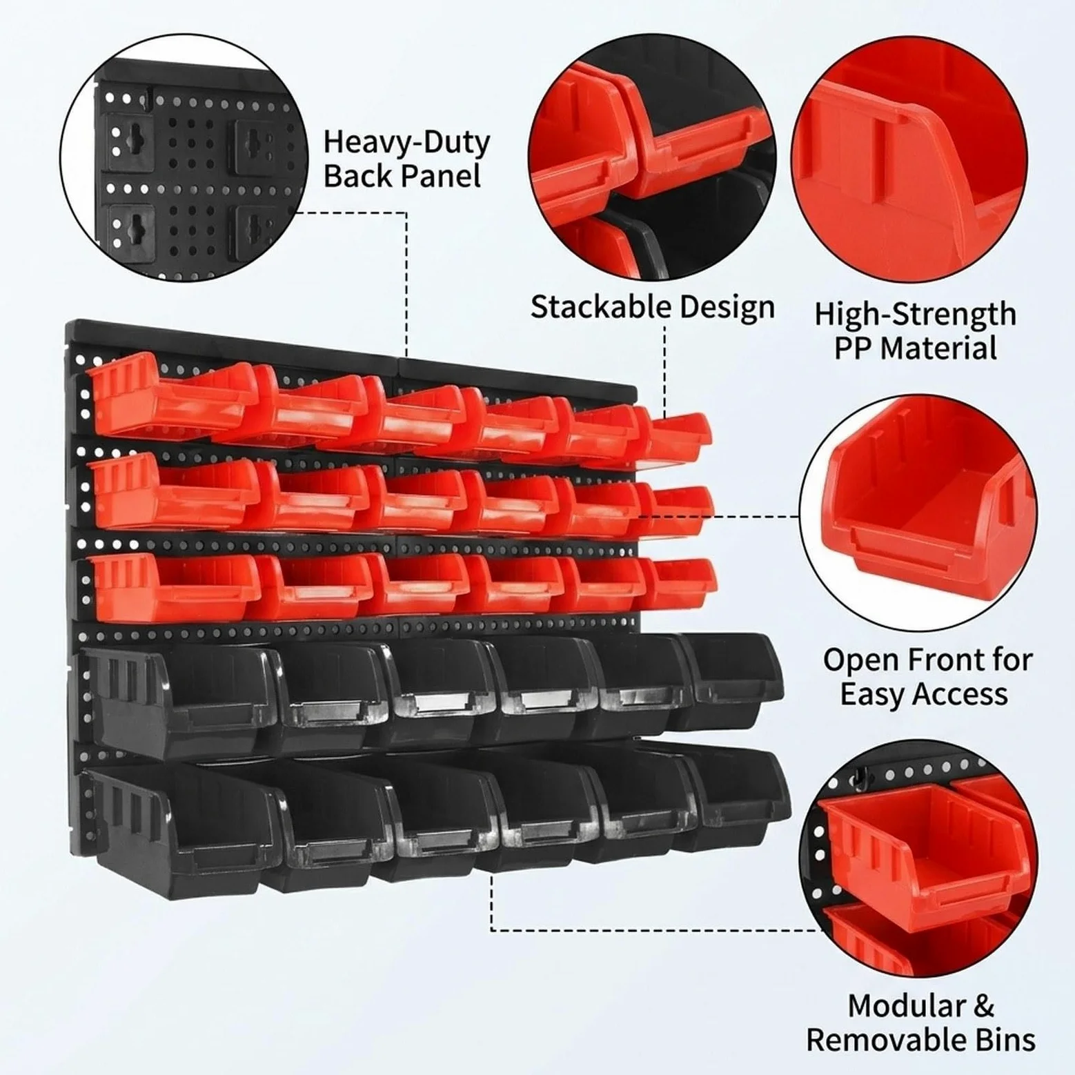 30 contenitori portaoggetti a parete, organizer per attrezzi, scaffale portaoggetti versatile e resistente per componenti, contenitori per ferramenta, Rosso Nero