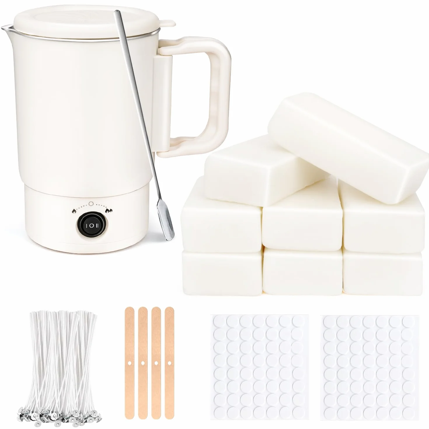 Kit Candele Fai da Te, Kit per Sciogliere La Cera di Candela Elettrico da 800 Ml, 8 Cubi di Cera Bianca, 100 Stoppini per candele , 100 Adesivi per Stoppini , Supporto per Stoppini E Cucchiaio