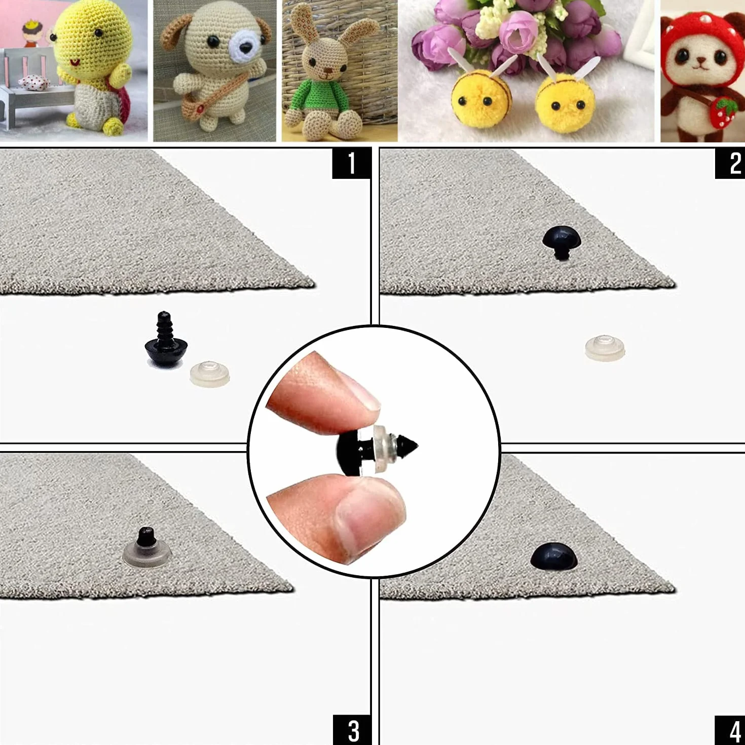 100 occhi di sicurezza per animali all'uncinetto, occhi a bottone in plastica, per bambole, peluche e orsacchiotti, fai da te, 6-12 mm