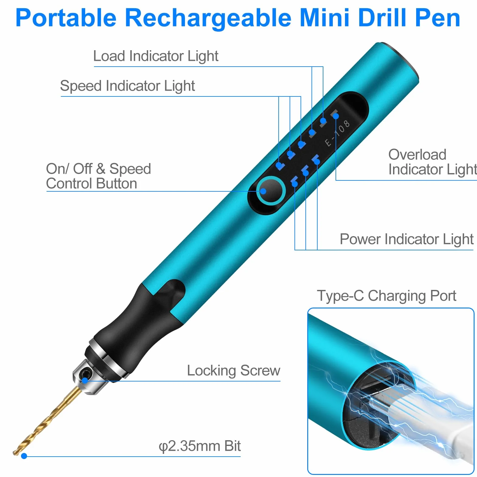 Gerbala Mini Trapano Elettrico a Mano, 3 Velocità, Ricaricabile USB, 10 Punte, Per Legno, Modellismo, Bricolage