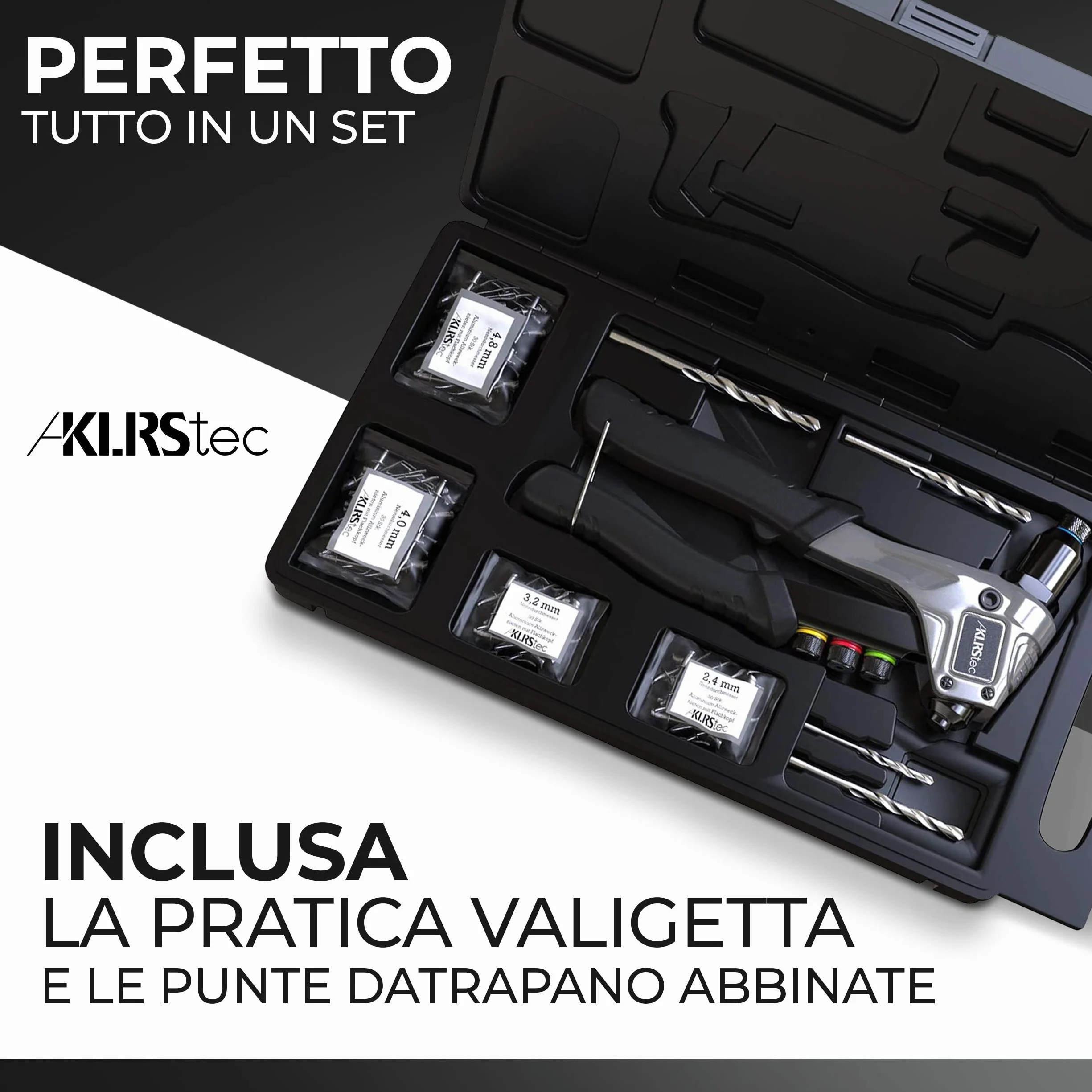 KLRStec Pinze professionali per rivetti inclusi 120 rivetti 4 perforatori HSS Tenaglia per rivetti a strappo