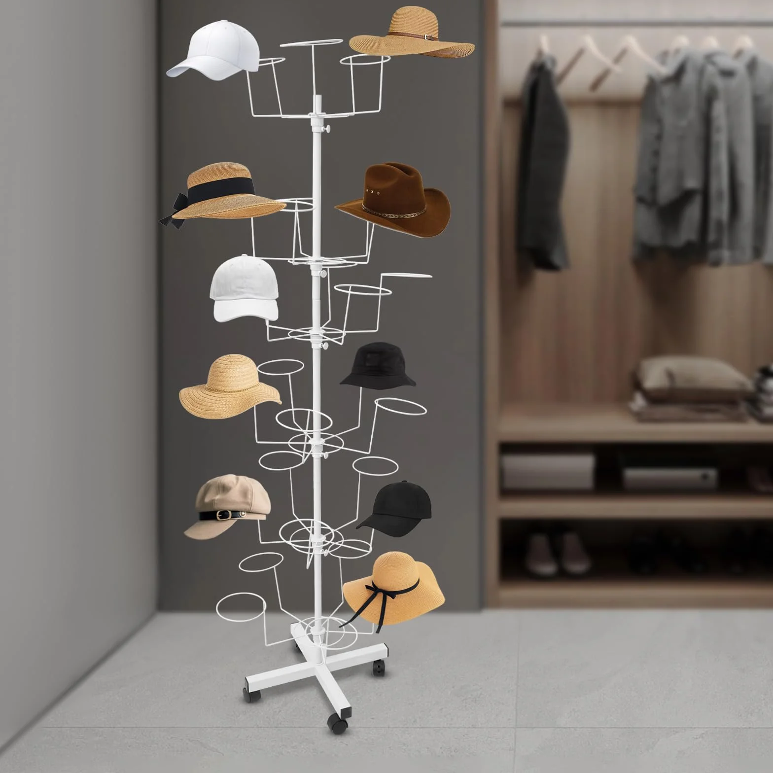 Supporto per cappelli, in metallo con ruote, girevole a 6 livelli, può ospitare cappelli a 30, ruote universali, movimento flessibile