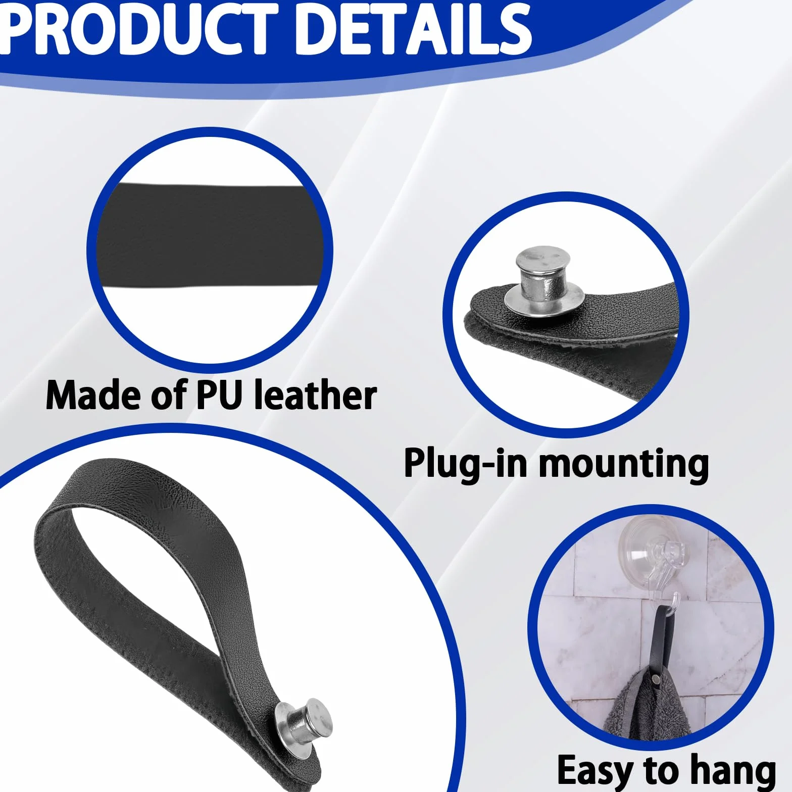 Ganci per Tessuti Senza Cuciture 8 Pezzi 15x1.2cm Pelle PU Chiusura a Bottone Ganci per Asciugamani Bagno Cucina Nero