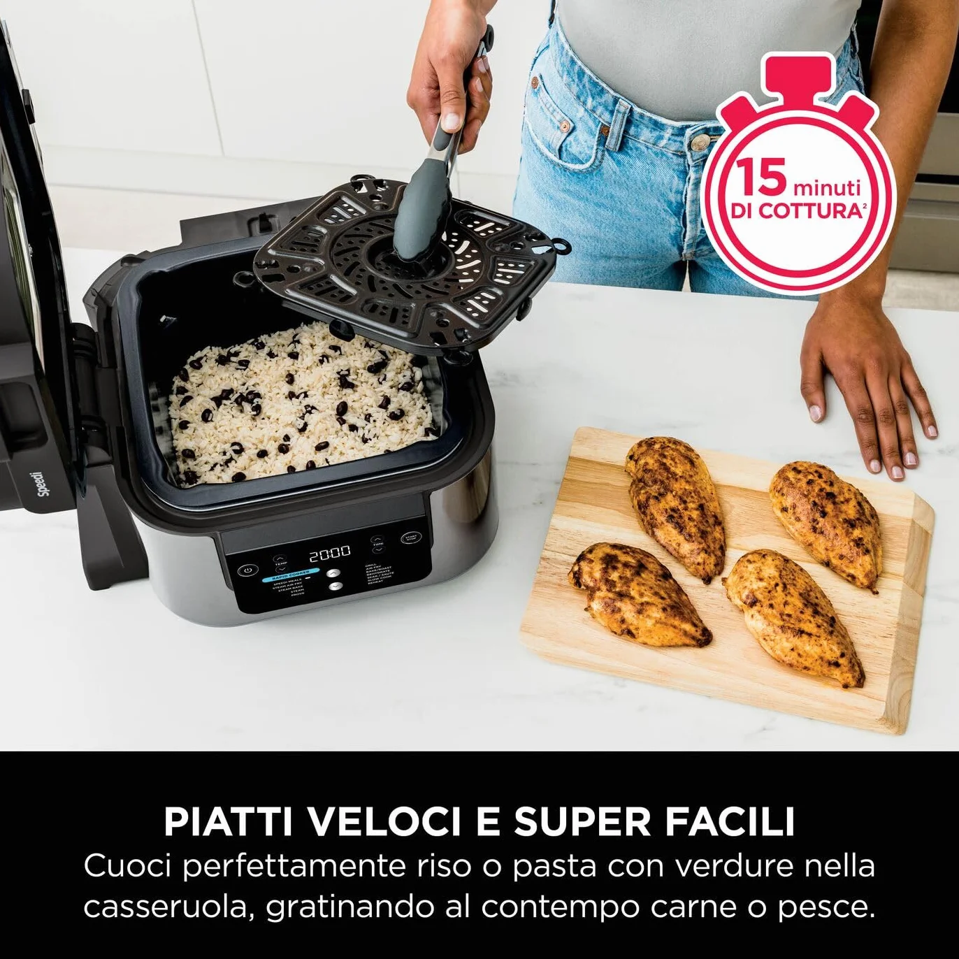 Ninja Speedi Pentola Elettrica Rapida 10 in 1, Friggitrice ad Aria, 5,7 l, Pasti per 4 in 15 Minuti, Frittura ad Aria e Cottura al Vapore, Idea Regalo Natale, Nero, ON500EU