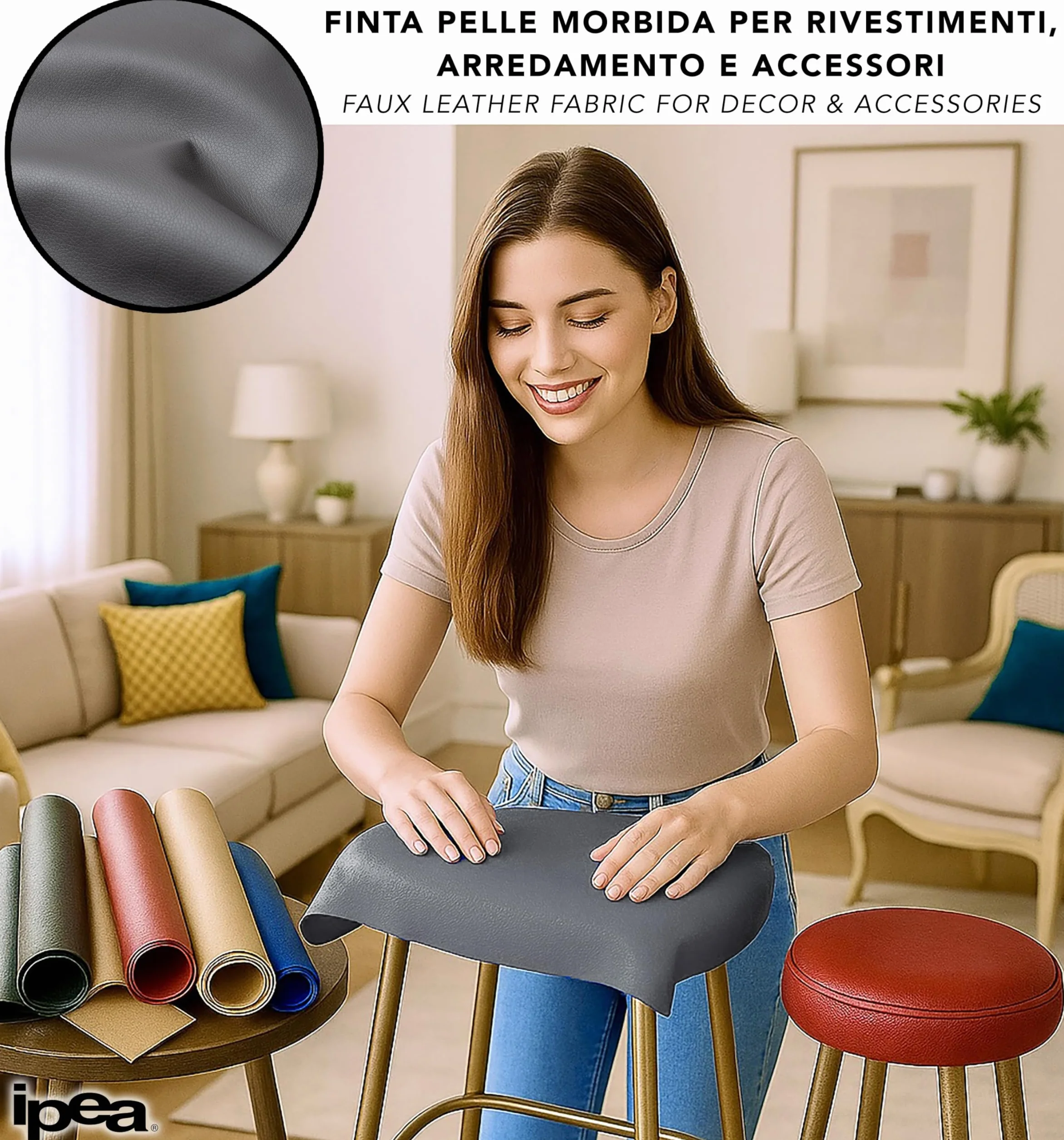 IPEA Tessuto Ecopelle Finta Pelle Rivestimento Arredamento 140 x 50 cm Pelle Sintetica Morbida Grigio Scuro
